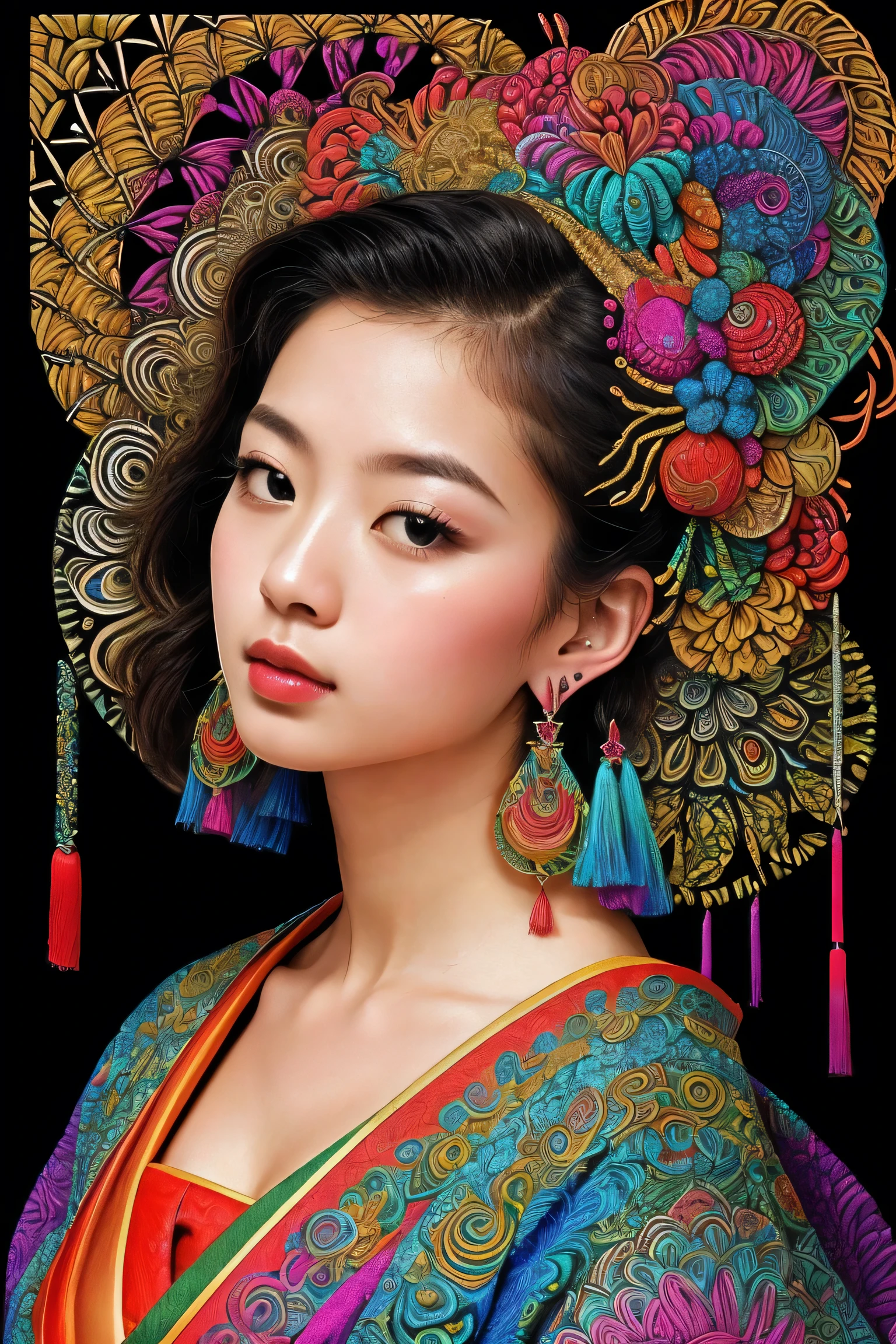 (masterpiece, highest quality, highest quality, Official Art, beautifully、aesthetic:1.2), (One girl:1.3), Very detailed,(Fractal Art:1.1),(colorful:1.1),Most detailed,(Zentangle:1.2), (Dynamic pose), (Abstract background:1.5), (Japanese clothing:1.2), (Shiny skin), (Many colors:1.4), ,(Earrings:1.4),Asian Beauty、