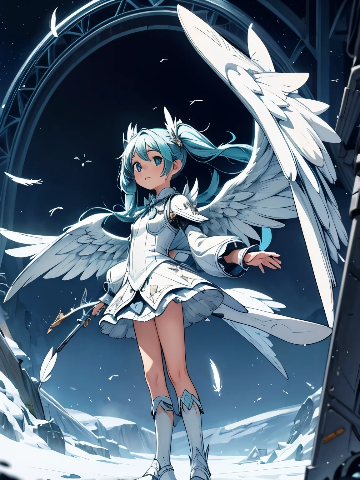 (masterpiece、highest quality、highest quality、Official Art、Beautiful and beautiful:1.2)、(One girl:1.3)Hatsune Miku、Twin tails,Big Breasts,Close-up of a woman in a white dress with wings, Angel all over, Futuristic robot angel, Amazing angel wings, Angel Knight Gothic Girl, Angel in plastic armor, Intricate costume design, As the mysterious Valkyrie, Its whole body is made of white feathers,, Futuristic and fantastical, White Wings, Beautiful angel wings, Steampunk Angel, Beautiful cyborg angel girl, Graceful Wings,Dynamic Angle, Full body and dynamic poses, Are standing