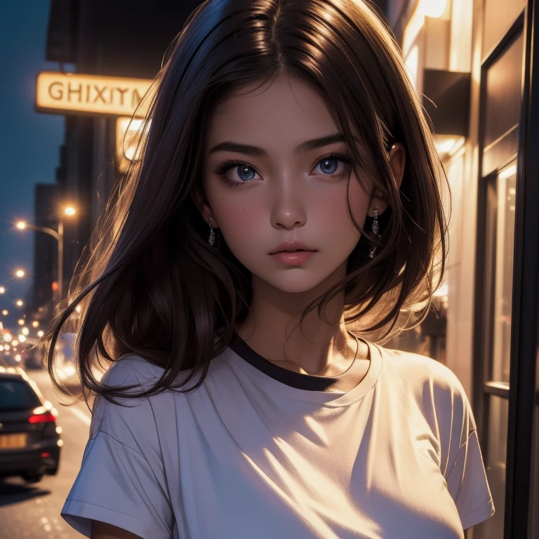 (Best quality, High resolution, Masterpiece :1.3), A pretty woman, Slender figure, Dark brown hair, T-shirt, (Street in city at night), Highly detailed face and skin texture, Detailed eyes, Double eyelid