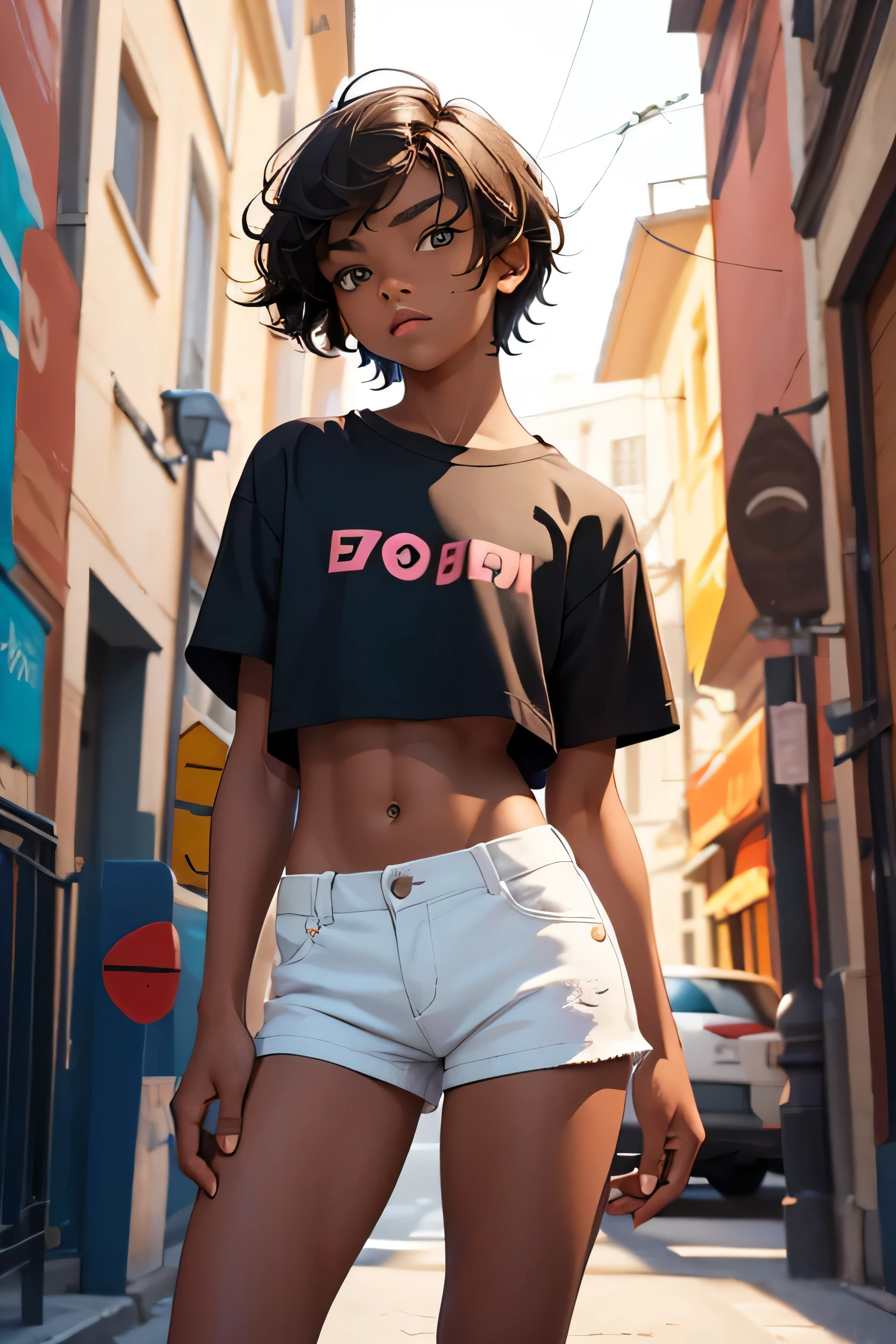 Teenage boy-model 16 years old, the boy is wearing a cropped shirt and too very much short mini shorts, the boy's legs are long and beautiful, his legs are very tanned, hot summer, top quality