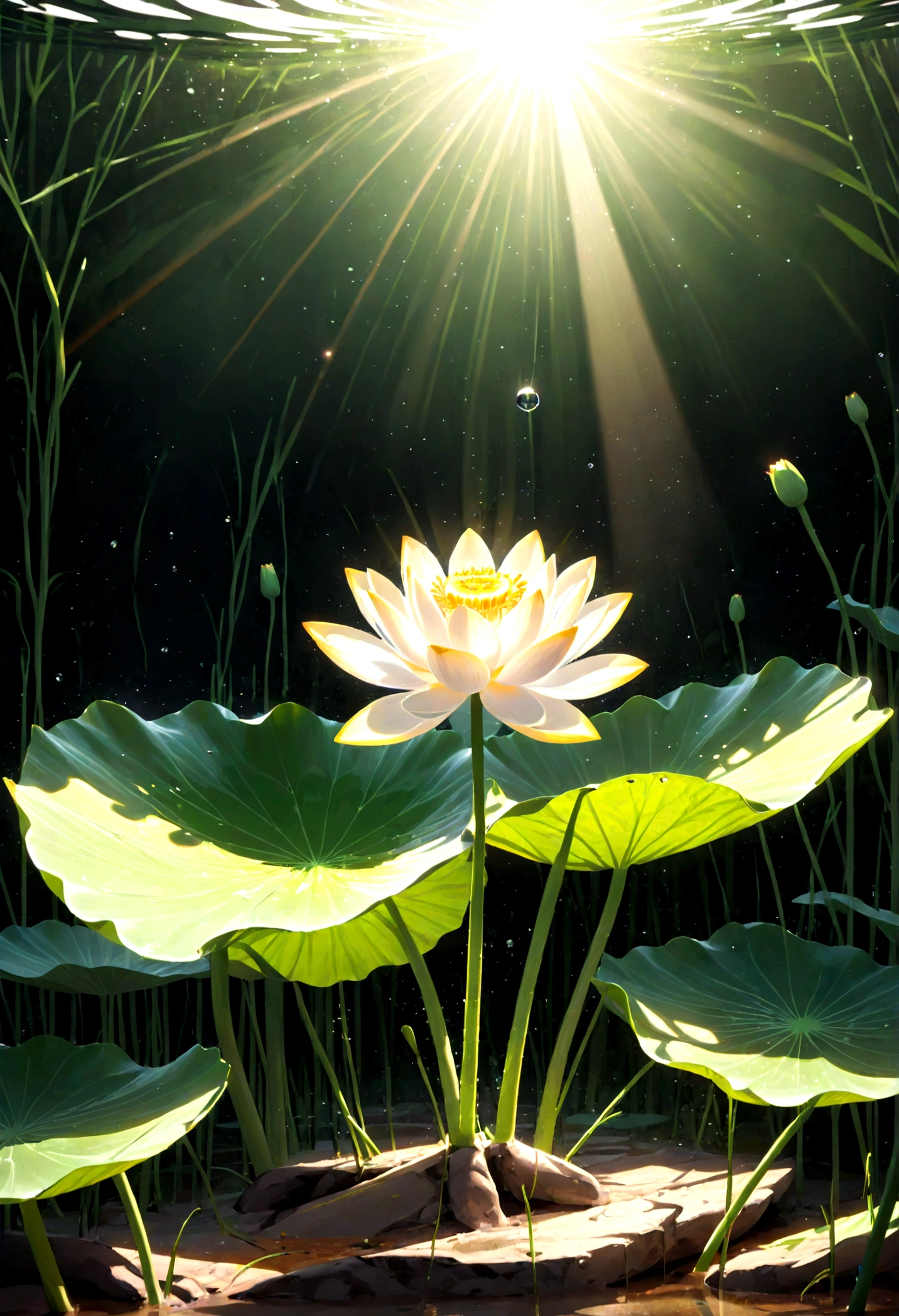 (close up:1.5), (Solitary:1.5), lotus, Green Stem, Silt emerges from the water, Golden Light, halo background, (Divine Light:1.5), The sun shines down from above, Divine Light, Ray tracing, Negative Space, Ultra HD, Retina, masterpiece, precise, Super Detail, High Detail, high quality, High resolution, 16K,Detailed light shadows,high resolution,Liveliness, detailed, Astonishing