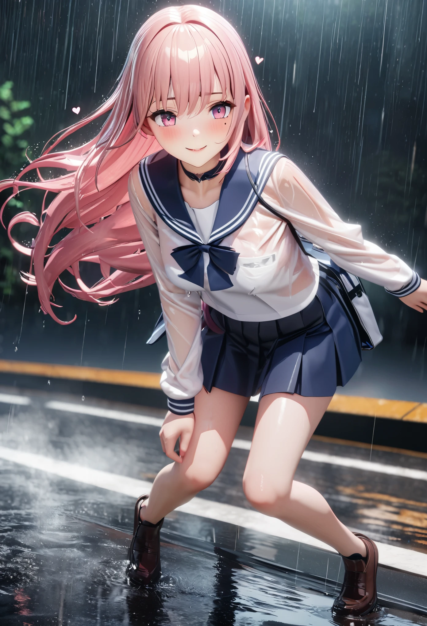 masterpiece, best quality, very detailed, high resolution, expensive solution, high resolution, 4k, 8k, Unity 8k wallpaper, highly detailed CG, masterpiece, 2d, 3d, beautiful details, depth, fine texture, best quality: 1.3, total concentration, transparent skin, him, very cute anime girl, expensive pink long hair, one girl, high school sailor uniform, on the way home from school, it was raining heavily and she was soaking wet. The sailor uniform was see-through, her hair was soaking wet, smiling long pink hair, full body, on the way home from school, heavy rain, mole under eye, gaze, expensive, blush, lips parted, heart, pink eyes, choker