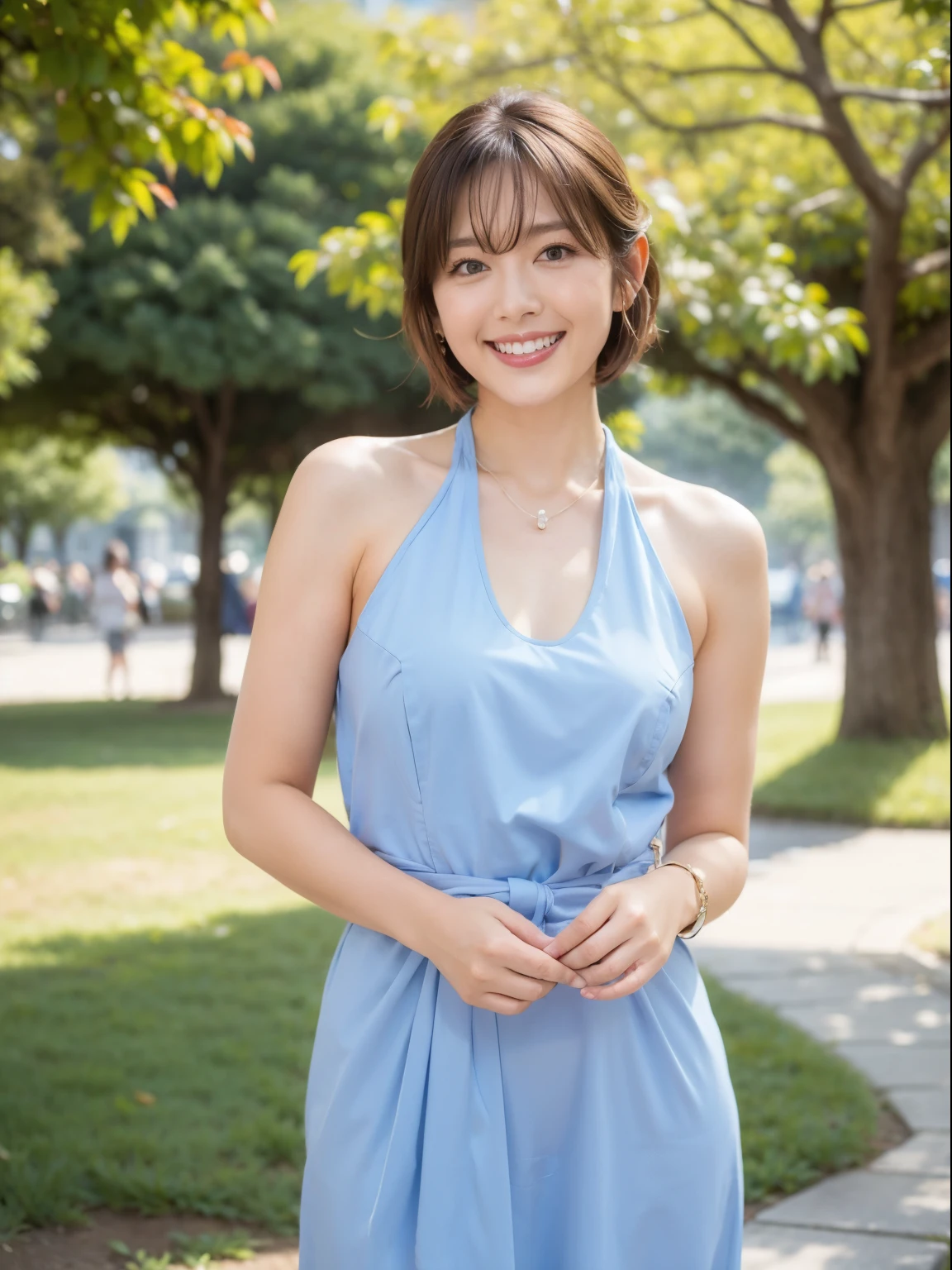 (RAW Photos:1.2), (Realistic:1.4),Beautiful detailed woman,非常にFine Eyesと顔, Fine Eyes, Very detailed,High resolution, Very detailed,highest quality,Consciousness upward,Unified,8k wallpaper,masterpiece,highest quality,1 female,alone,rich,Ezvian everywhere,(Standard body type),Thick legs,alone,（Light blue mule strap dress）、pumps,jewelry, necklace ,short hair,A kind smile,A dignified atmosphere,black eye,Realistic,Hibiya Park , (Morning Park:1.1),(Stand upright：1.4）