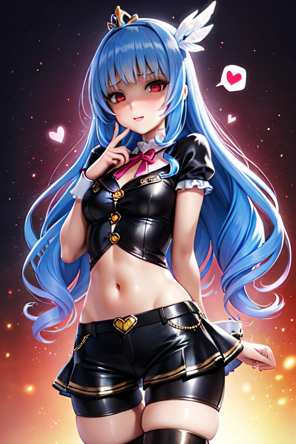 highest quality, Super detailed, masterpiece, anime, One Girl, alone, Cure Sky,Blue Hair,Long Hair, Feather hair ornament, skirt. tiara, Wrist cuff, (Black shorts), Black shorts under skirt, boots, (Shiny fabric), Cowboy Shot, Black Gemstones, Are standing, blush, (Beautiful fine details), Highly detailed face, Perfect lighting, Highly detailed CG, (Perfect hands, Perfect Anatomy), Shiny material, Blue ribbon, jewelry, Latex gloss,Red Eye,Dark Aura,Straight hair,Blackwing,Black Dress,Long skirt,spoken heart,heart