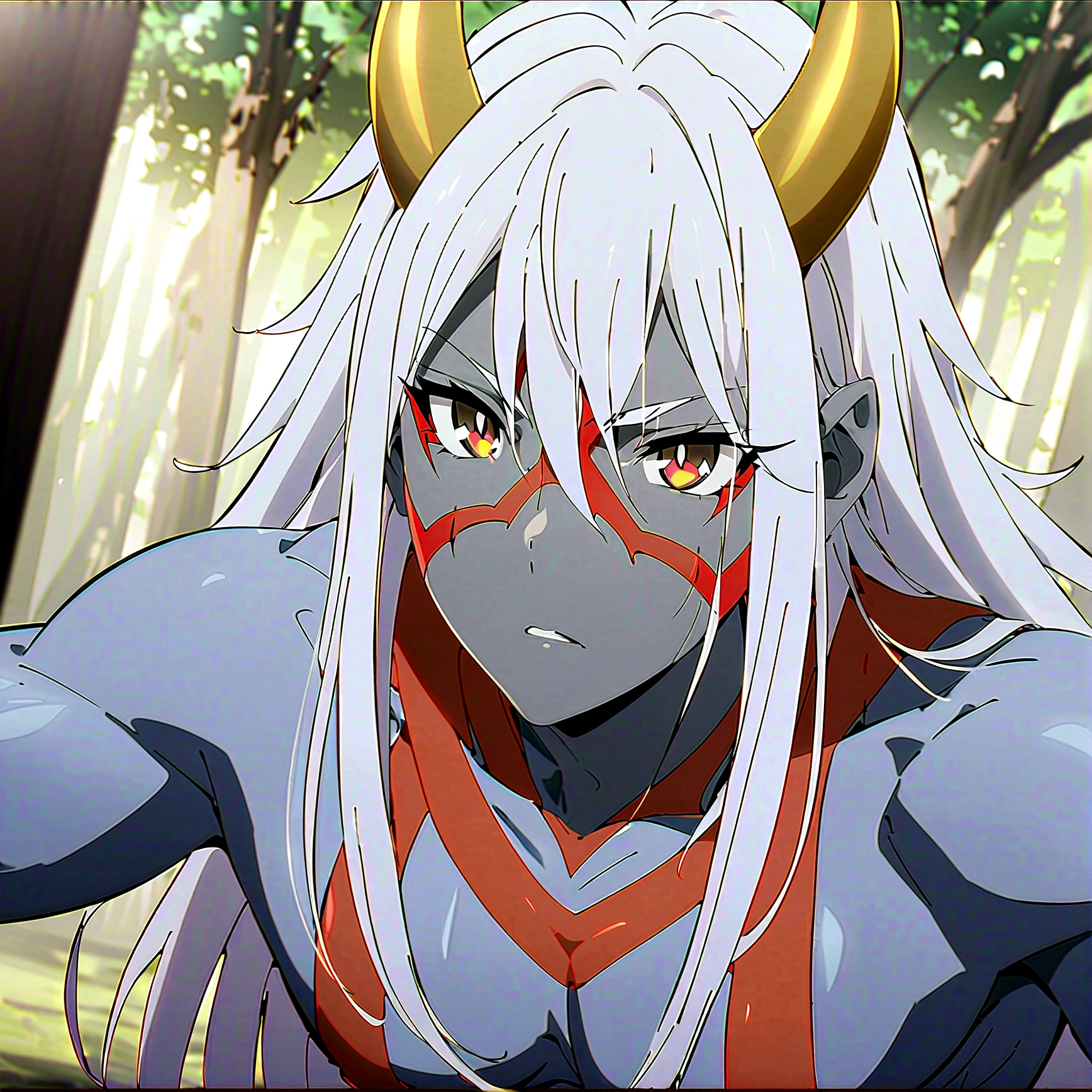 anime aestetic, anime character, grey skin, male, serioce face, mature face, ogre, red tatoos, agry eyes, golden horns, two horns, ogre, muscular body, dynamic pose, brown eyes, white long hair, blury forest on the background, daytime, perfect quality, pov, highres, best quality, award winning, 4K, high details, anatomically correct, masterpiece
