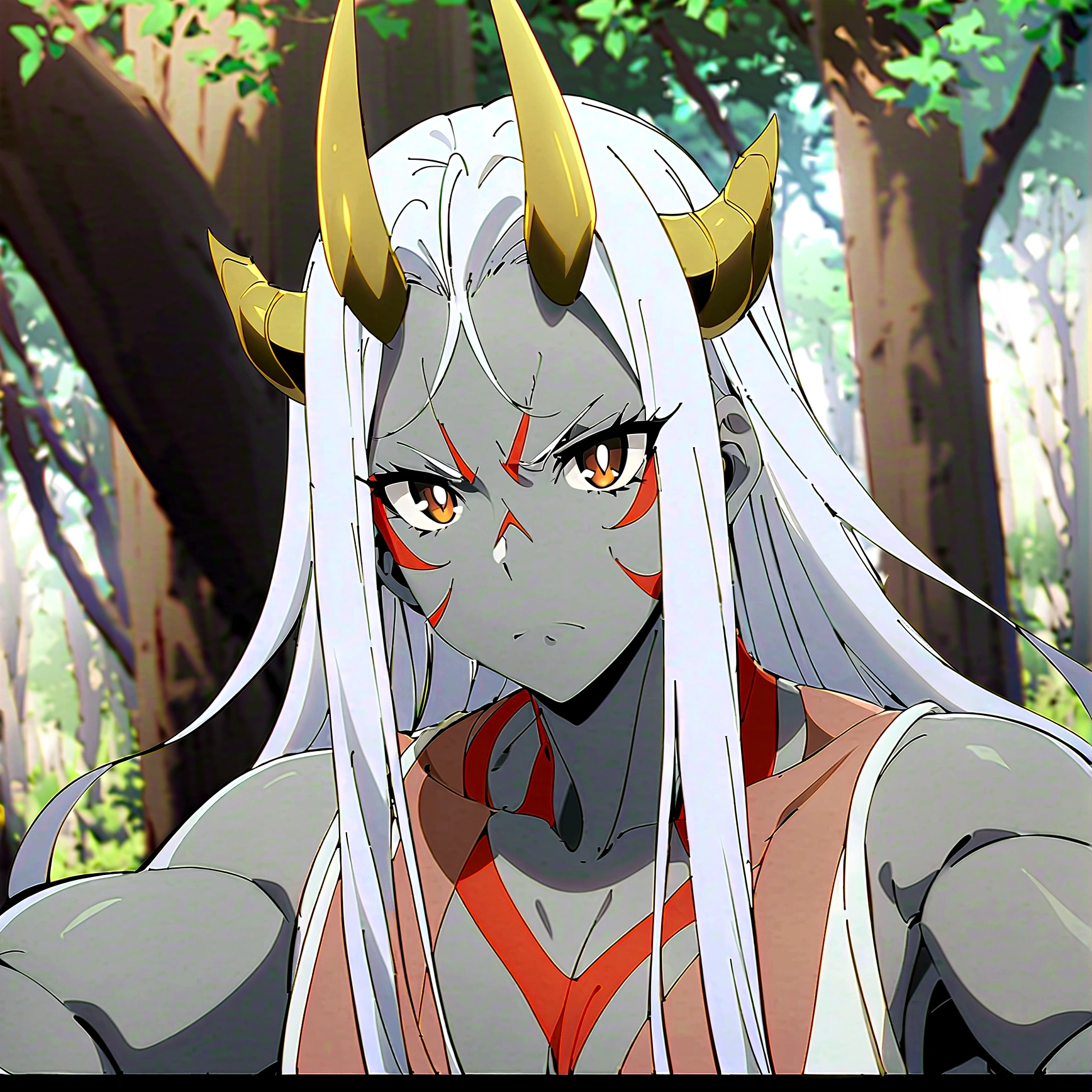 anime aestetic, anime character, grey skin, male, serioce face, mature face, ogre, red tatoos, agry eyes, golden horns, two horns, ogre, muscular body, dynamic pose, brown eyes, white long hair, blury forest on the background, daytime, perfect quality, pov, highres, best quality, award winning, 4K, high details, anatomically correct, masterpiece