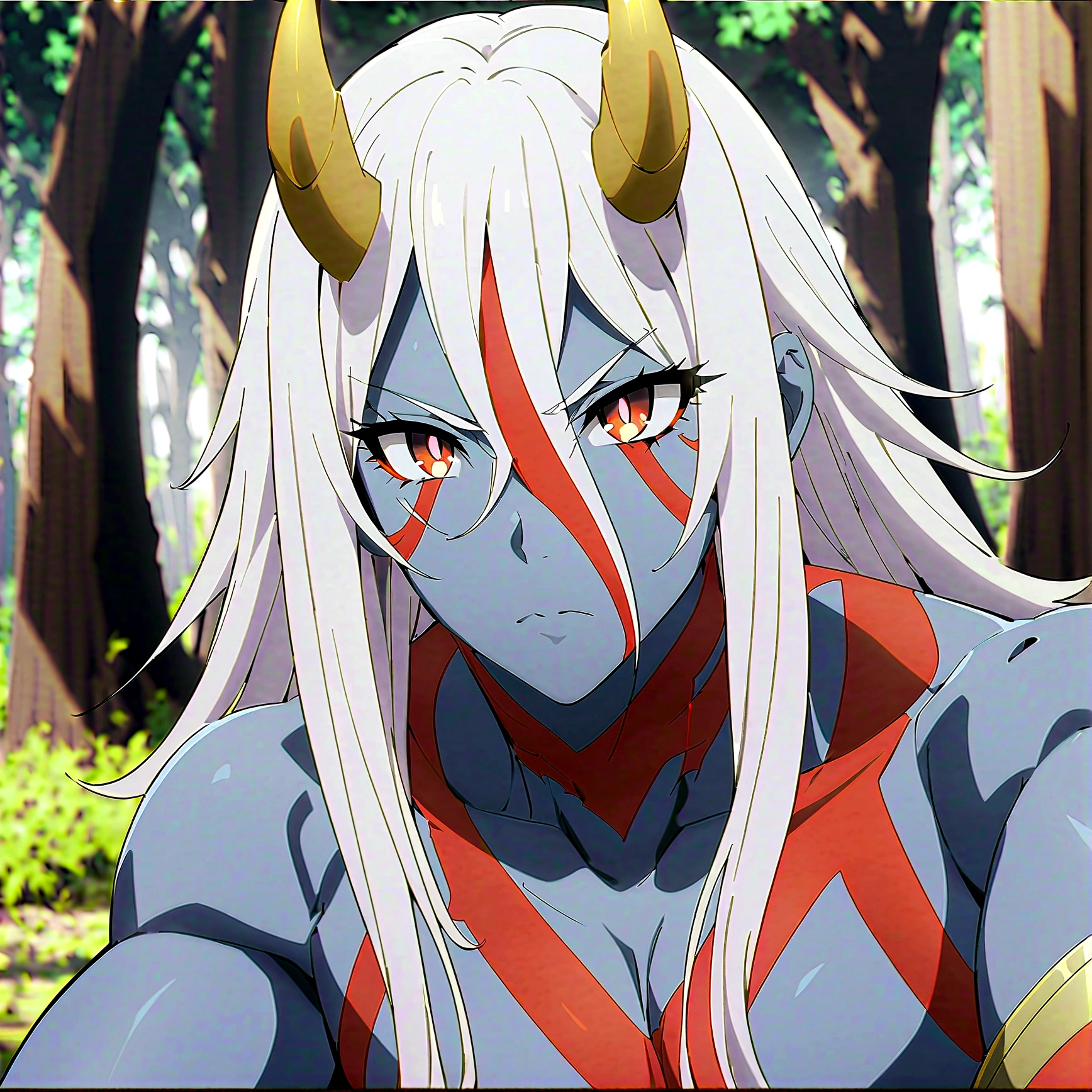  anime aestetic, anime character, grey skin, male, serioce face, mature face, ogre, red tatoos, agry eyes, golden horns, two horns, ogre, muscular body, dynamic pose, brown eyes, white long hair, blury forest on the background, daytime, perfect quality, pov, highres, best quality, award winning, 4K, high details, anatomically correct, masterpiece