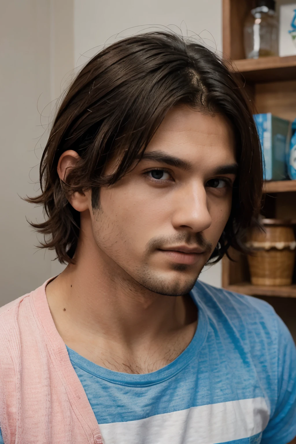 Hombre con pelo rubio alto un ojo azul y otro rosa ropa casual azul