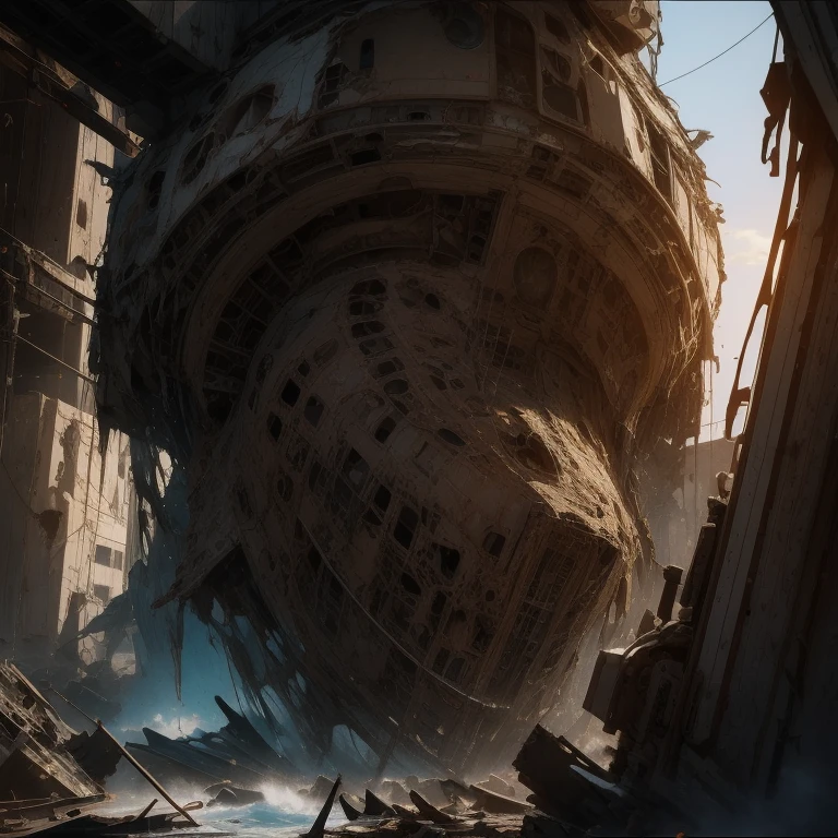 a half-turn view, against the background of a destroyed spaceship at sunset, cracks in full-length white, a stern tactical brunette in a leaky gas mask in a fractal color sketch with torn ink on the rough texture of warty rusty markings, highlighted hair, grotesque, horror, art opt, streaked rain diagonally