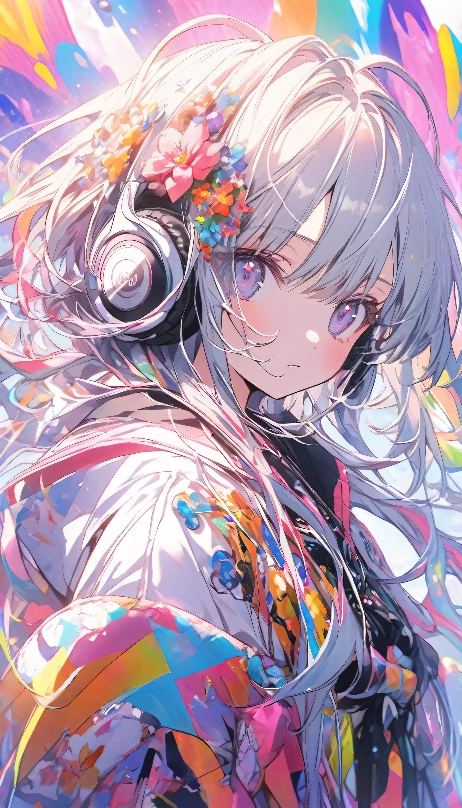 an image of an anime looking character is wearing headphones and a colorful background, 1girl, solo, hair ornament, headphones, looking at viewer, hair flower, flower, bangs, upper body,