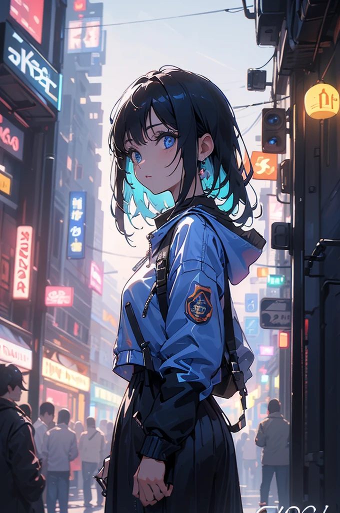 (masterpiece), (highest quality), Ultra-high resolution, Sharp focus, ((1 female, alone)), whole body, Cyberpunk Theme, Beautiful detailed hair, Light blue hair, long hair hangs down, Beautifully detailed face, ((Beautifully shaped eyes, Blue Eyes)), Perfect feminine face, View your viewers, Feminine navy blue enamel cyberpunk outfit,refined armor, Neon lights in the city of bright colors, (At night:1.2)
