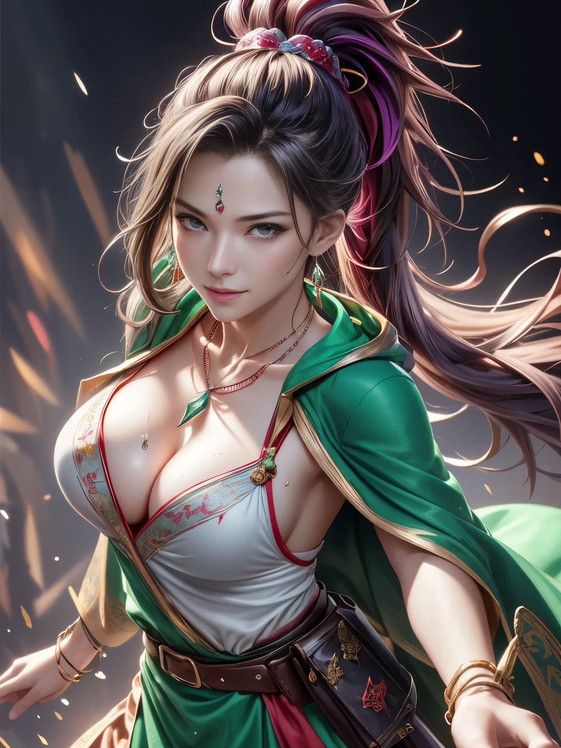 Colorful portrait illustration, (attractive female as a Wizard, ponytail, wear_length_Flowing_green_Complicated_Embroidered_Wizard_Robe), (necklace, Pouch, belt, smile, Very detailed face, masterpiece, highest quality), Very detailed, (In the dungeons), magician_Grams, (A large, glowing circle of runes), Fire and Ice, Casting a Spell, Ultra-high resolution, Alexandre Karame、Alyssa Monks、Shigeru Ban, Big firm Breasts, hard nipples, Sexy, Sharp Eyes, Break, dynamic sexy poses, sweat, Add Light Red, Intricate details, Splash screen,