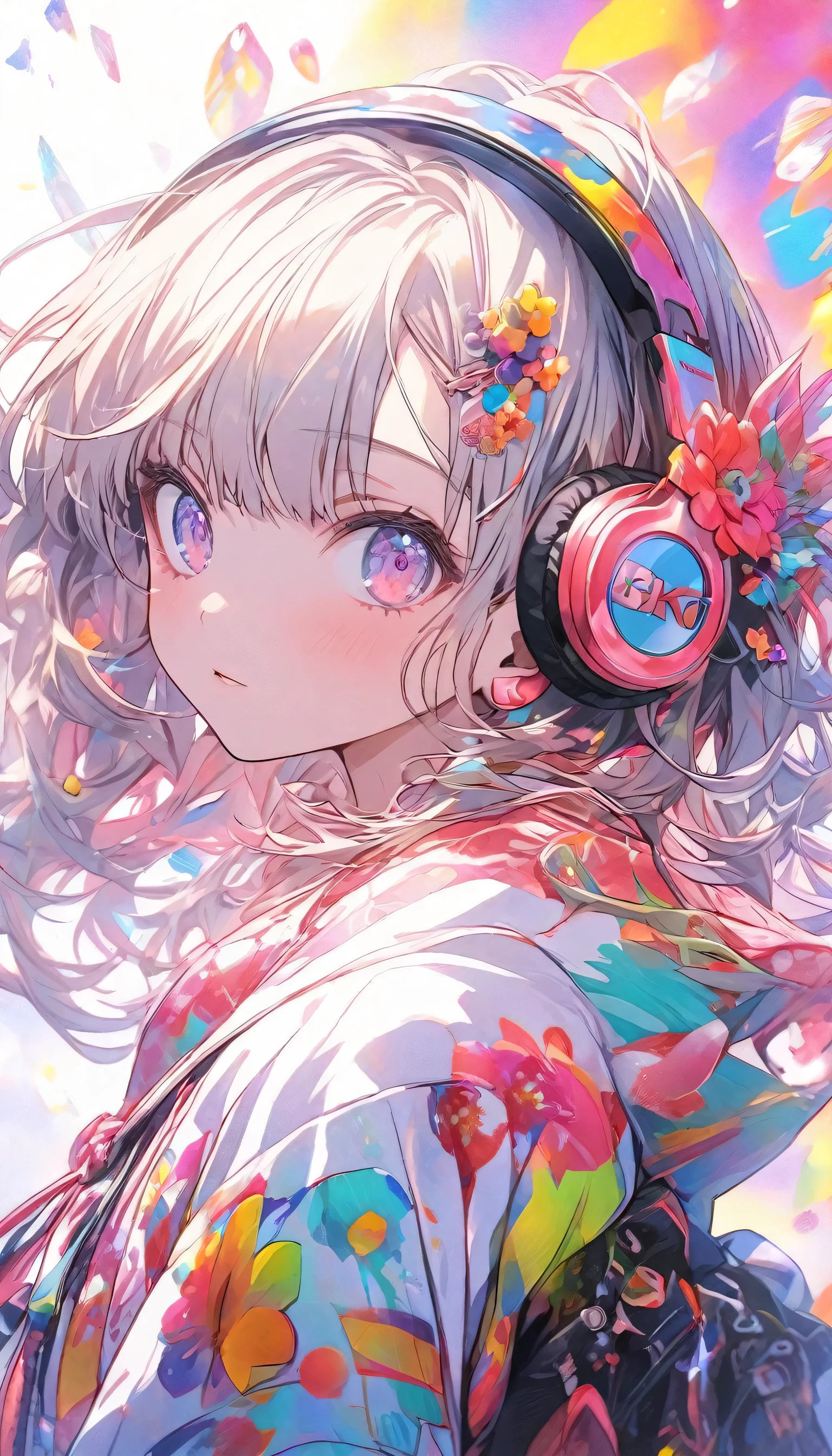 an image of an anime looking character is wearing headphones and a colorful background, 1girl, solo, hair ornament, headphones, looking at viewer, hair flower, flower, bangs, upper body,