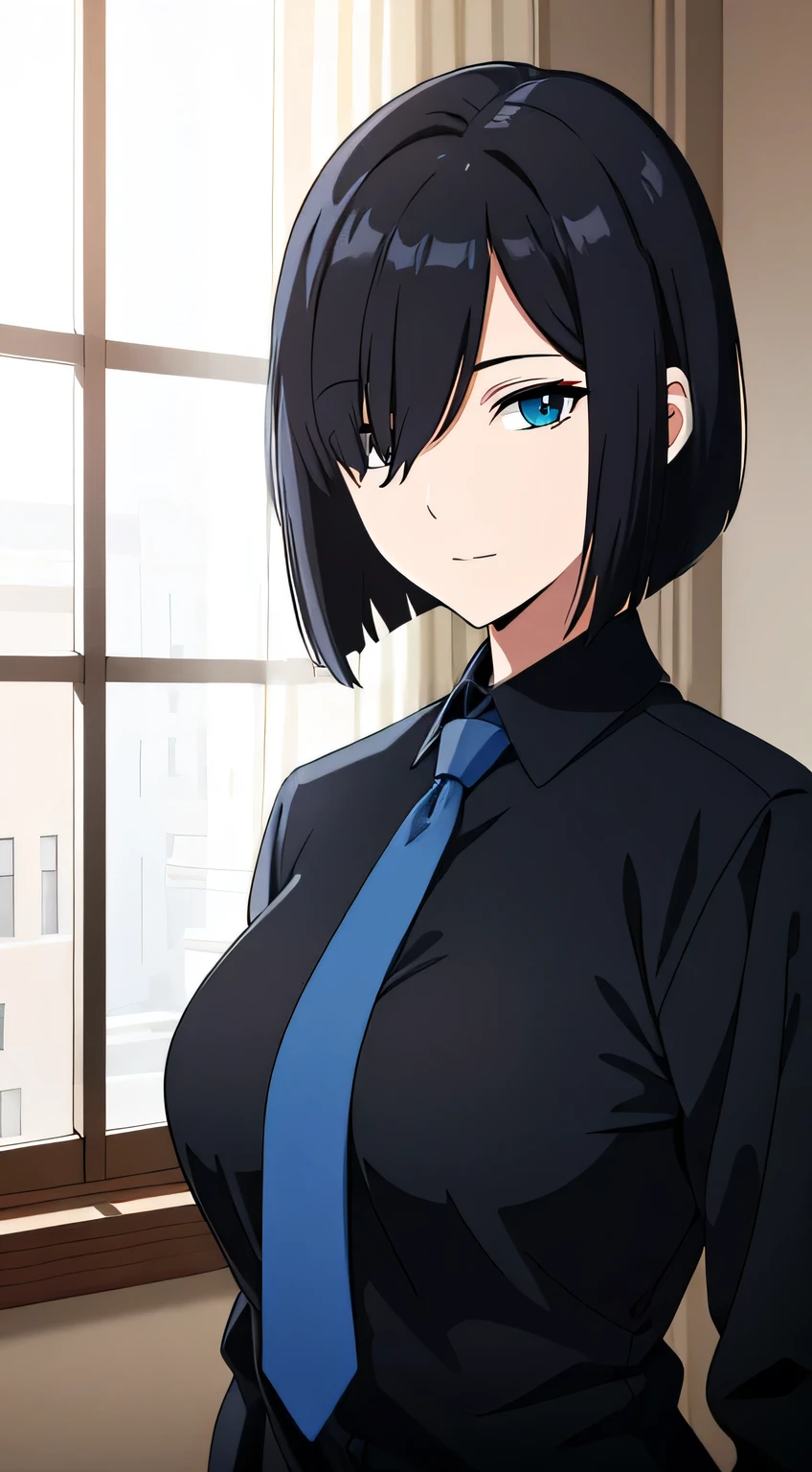 (best quality:1.5, highres, UHD, 4K, detailed lighting, shaders), black hair, bob cut, (hair covering one eye), cool woman,sexy, woman, Slender Eyes, sharp eyes, blue eyes, beautiful, indoors background, casual clothes, large breasts, necktie