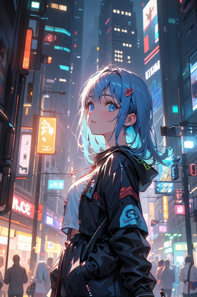 (masterpiece), (highest quality), Ultra-high resolution, Sharp focus, ((1 female, alone)), whole body, Cyberpunk Theme, Beautiful detailed hair, Light blue hair, long hair hangs down, Beautifully detailed face, ((Beautifully shaped eyes, Blue Eyes)), Perfect feminine face, View your viewers, Feminine navy blue enamel cyberpunk outfit,refined armor, Neon lights in the city of bright colors, (At night:1.2)