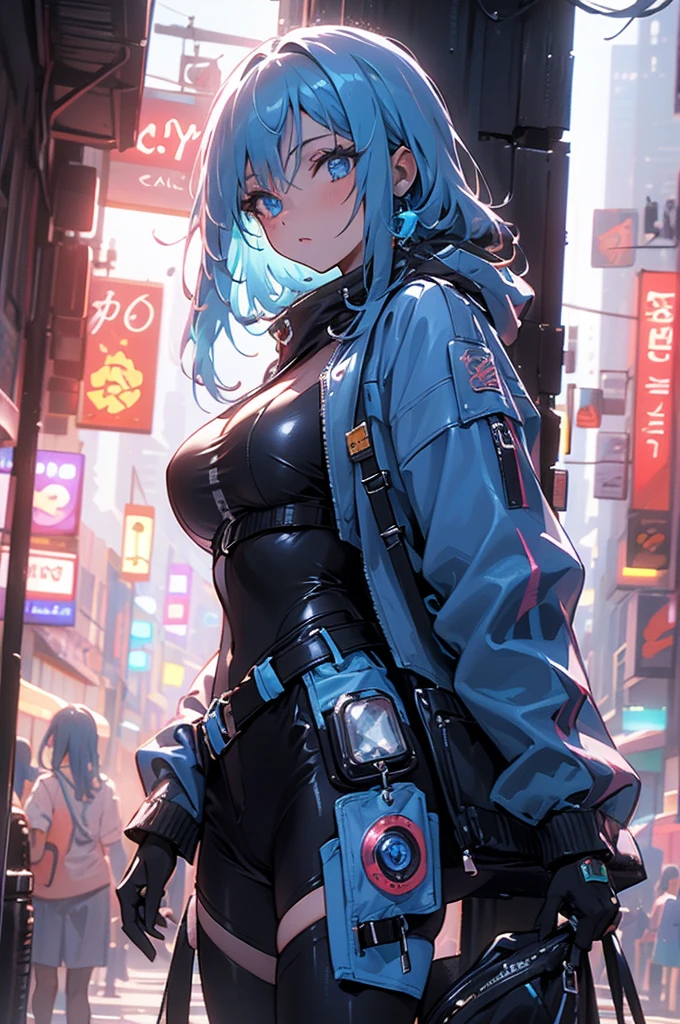 (masterpiece), (highest quality), Ultra-high resolution, Sharp focus, ((1 female, alone)), whole body, Cyberpunk Theme, Beautiful detailed hair, Light blue hair, long hair hangs down, Beautifully detailed face, ((Beautifully shaped eyes, Blue Eyes)), Perfect feminine face, View your viewers, Feminine navy blue enamel cyberpunk outfit,refined armor, Neon lights in the city of bright colors, (At night:1.2)