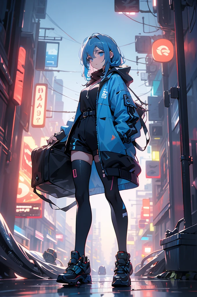(masterpiece), (highest quality), Ultra-high resolution, Sharp focus, ((1 female, alone)), whole body, Cyberpunk Theme, Beautiful detailed hair, Light blue hair, long hair hangs down, Beautifully detailed face, ((Beautifully shaped eyes, Blue Eyes)), Perfect feminine face, View your viewers, Feminine navy blue enamel cyberpunk outfit,refined armor, Neon lights in the city of bright colors, (At night:1.2)