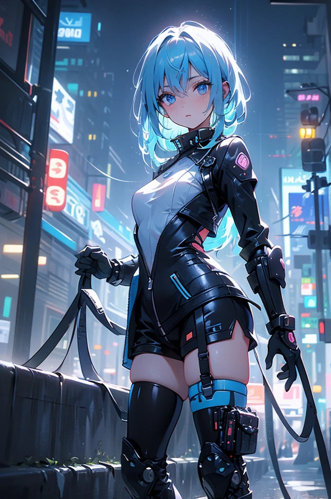 (masterpiece), (Highest quality), Ultra-high resolution, Sharp focus, ((1 female, alone)), whole body, Cyberpunk Theme,Small breasts, Beautiful detailed hair, Light blue hair, long hair hangs down, Beautifully detailed face, ((Beautifully shaped eyes, blue eyes)), Perfect feminine face, View your audience, Feminine navy blue cyberpunk outfit,refined armor, Brightly colored city neon lights, (At night:1.2),Large backpack,shout out loud
