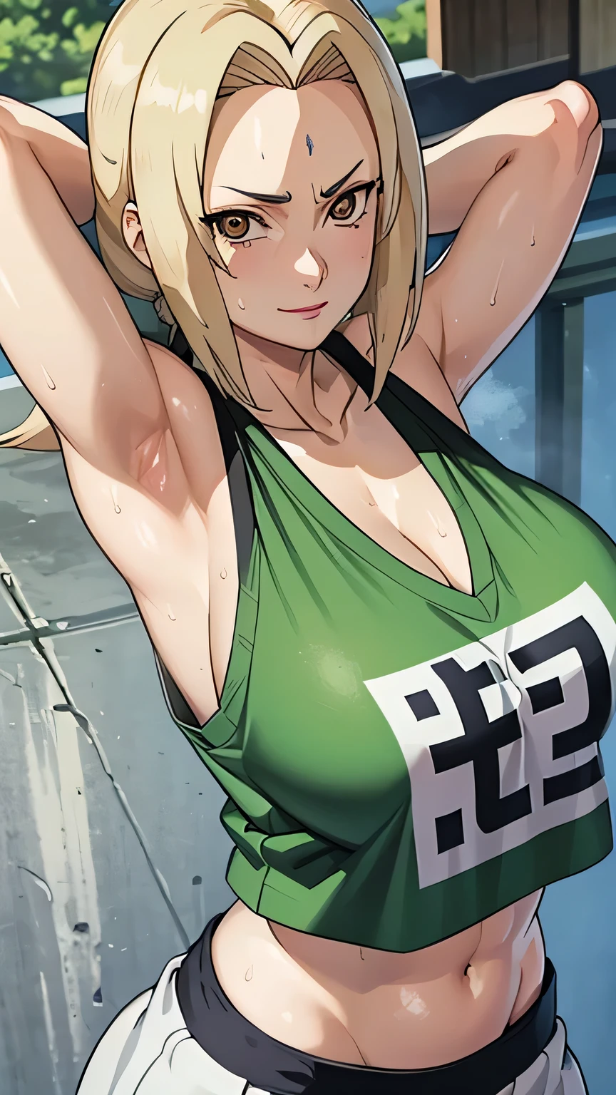 a close up of a person wearing a basketball uniform, a picture, inspired by Kentaro Miura, trending on pixiv, Tsunade senju, wearing yellow nba jersey, yellow croptop nba jersey, wearing a low cut croptop, wearing croptop, croptop, the word "Lakers" on the croptop, golden raito, (winking), shirobako, large)}], favorite scene, fine details. anime. skins, sweating, big breasts, both hands raised, armpits, armpits visible, dripping with sweat, more more sweat, sweaty armpits