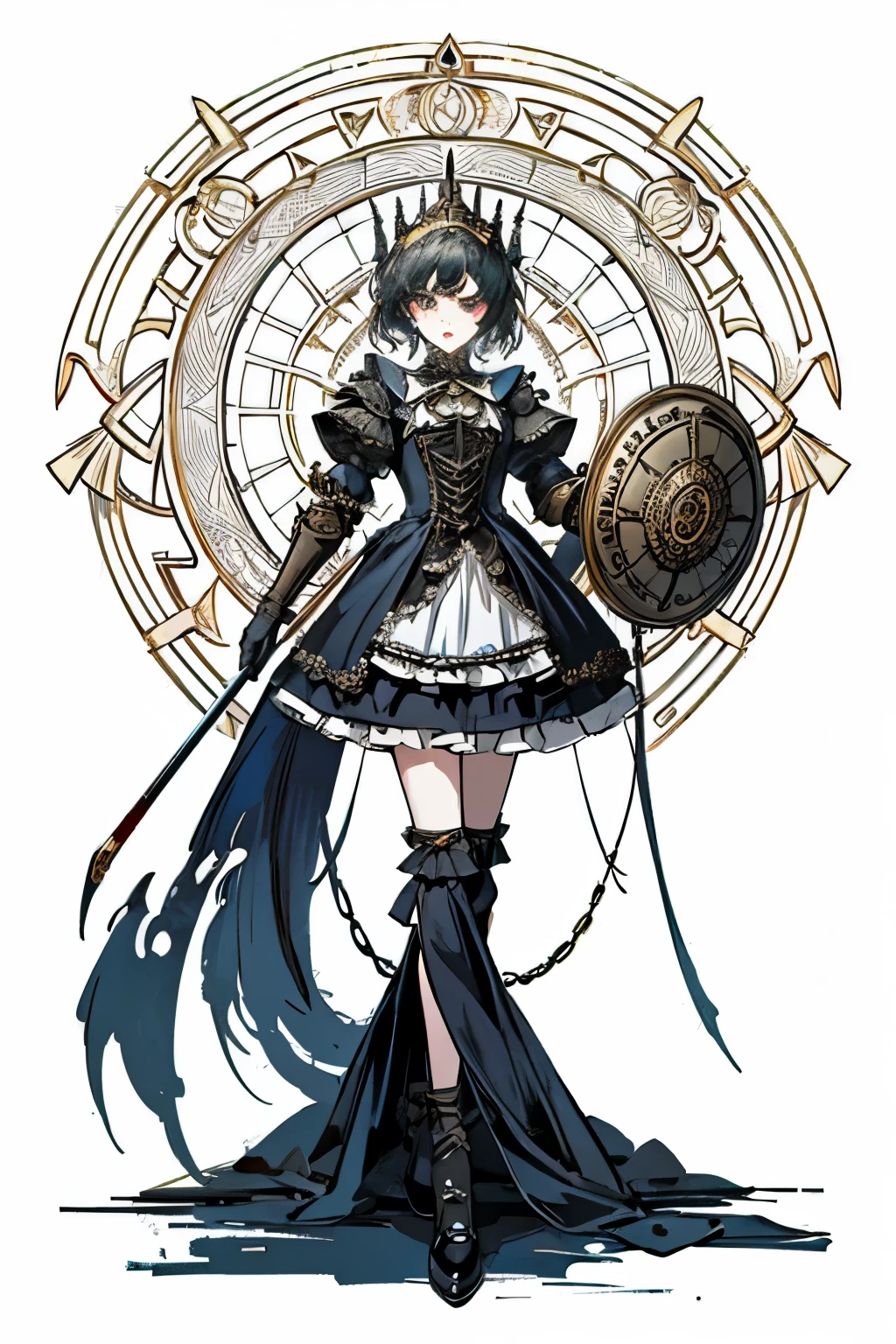 ((best quality)), ((masterpiece)), (detailed), perfect face ((best quality)), ((masterpiece)), (detailed), blank white background, plain background, white background, Bloodborne inspired, occult aesthetic, occult, detailed and intricate steampunk and detailed gothic, (zentangle, mandala, tangle, entangle), NSFW, torn clothing, Very dramatic and cinematic lighting, cosmic horror, grim-dark, side-lighting, perfect face, a beautiful goddess adorned and enshrined in armour, Bloodborne inspired , occult aesthetic , occult , detailed and intricate steampunk and detailed gothic , wielding a sword and holding a shield, NSFW, Fluttering lace flared short dress with frilly petticoats, knee length dress, pleated petticoats, lolita dress, petticoats gothic lolita, side-lighting, gothic lolita aesthetic, beautiful small breasts, small breasts, full body, whole body, body, plain background, white background, blank background, no background, white background NSFW, full body, whole body, head-to-toe