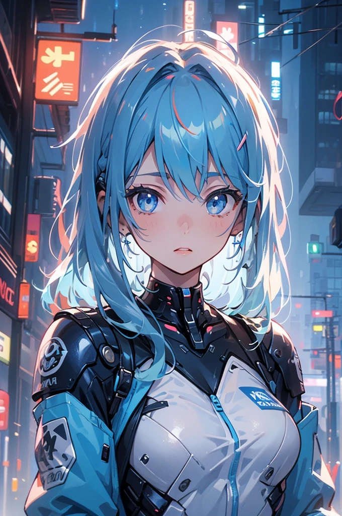 (masterpiece), (highest quality), Ultra-high resolution, Sharp focus, ((1 female, alone)), whole body, Cyberpunk Theme, Beautiful detailed hair, Light blue hair, long hair hangs down, Beautifully detailed face, ((Beautifully shaped eyes, Blue Eyes)), Perfect feminine face, View your viewers, Feminine navy blue enamel cyberpunk outfit,refined armor, Neon lights in the city of bright colors, (At night:1.2)