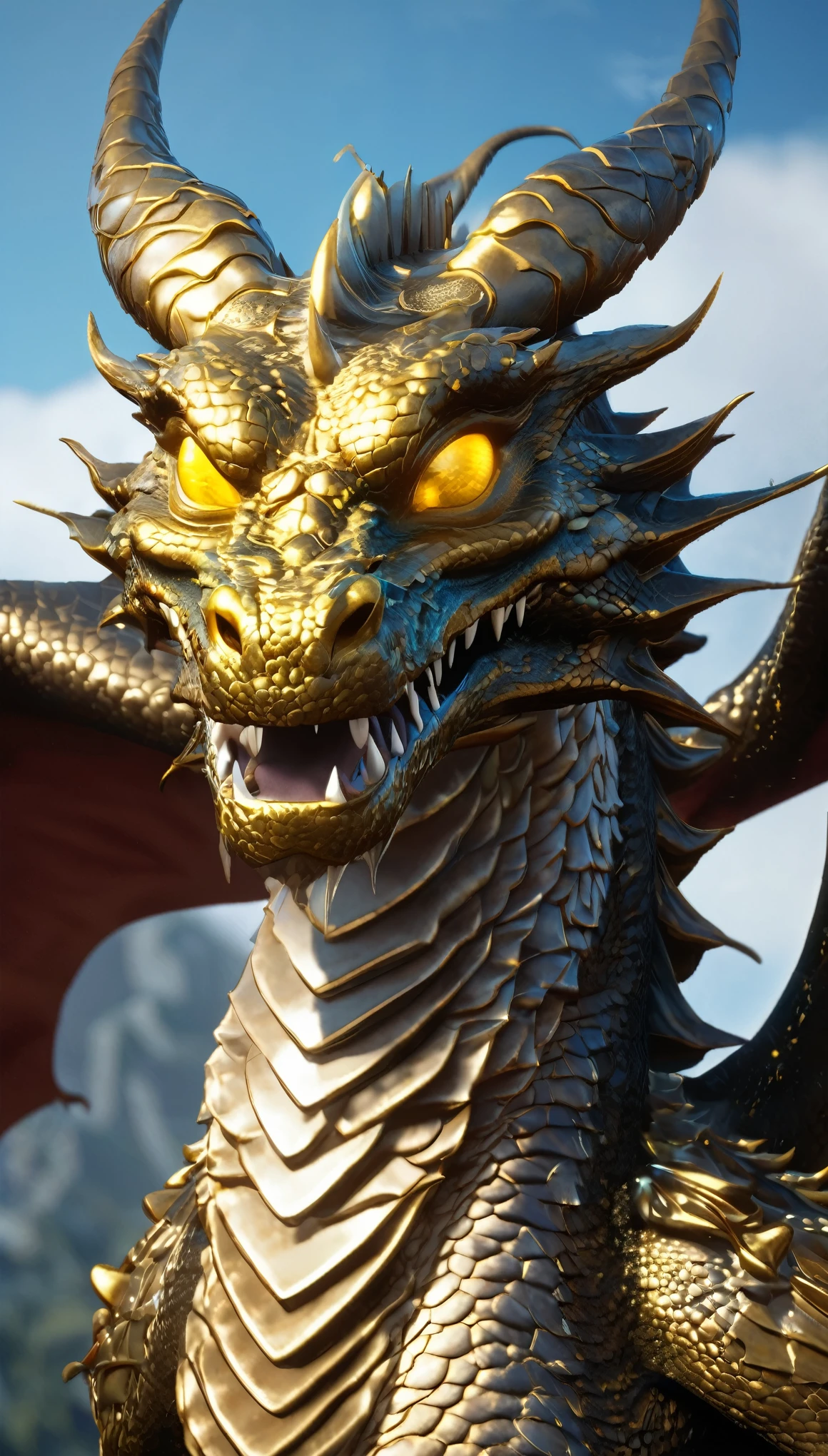 Illustration of a dragon with yellow eyes, Unreal Engine Rendering , Very detailed , B Global Illumination, Exquisite and gorgeous jewelry, Top Trends on cgisociety, Motion Graphics, rossdraws Global Illumination, CG Association