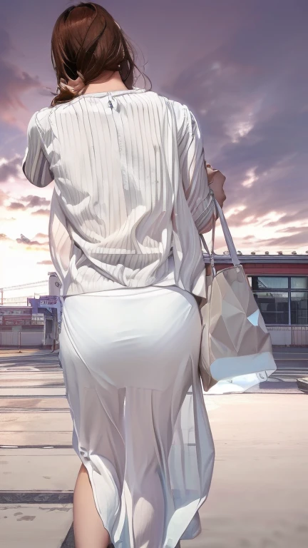 Woman walking through a parking lot with wallet and cell phone in hand, Buckshot, Long skirt, Dirty UHD Hidden Photos, Wearing a semi-transparent sheet, long shot From the back, It has a long, smooth tail behind it., Buckshot, back slit, From the back, Buckshot, The whole body is photographed from behind in the center, shot From the back, Wearing long, loose fabric