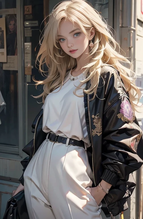 Photo of a beautiful blonde Caucasian woman standing on a street corner, Perfect model body shape, Stylish pants style, Stylish jacket, Colorful purple shirt, Stylish hats, Very stylish, with influence of Jeremy Mann, Jeremy Mann, style of Jeremy Mann, Jeremy Mann painting, Jeremy Mann art, Ron Hicks, Liepke, Jeremy Mann and alphonse mucha, Works that influenced Edmund Blampidt, Robert Lenkiewicz, Casey Bo and James Jean, Works that influenced Willem Kalf, Nick Alm, tumbler, Figurative art, Intense watercolor, Watercolor detailed art,Beautiful and expressive paintings, Beautiful artwork illustration, wonderful, Cool Beauty, masterpiece, highest quality, Official Art, Perfect composition, The perfect angle, Best Shot, Perfect subject, women only, Sharp contours, romantic, Sulky, Very beautiful and detailed, Beautiful and delicate eyes, Ideal animation, sentimental, Paris, montparnasse, Zoom out