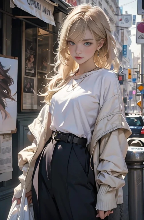 Photo of a beautiful blonde Caucasian woman standing on a street corner, Perfect model body shape, Stylish pants style, Stylish jacket, Colorful purple shirt, Stylish hats, Very stylish, with influence of Jeremy Mann, Jeremy Mann, style of Jeremy Mann, Jeremy Mann painting, Jeremy Mann art, Ron Hicks, Liepke, Jeremy Mann and alphonse mucha, Works that influenced Edmund Blampidt, Robert Lenkiewicz, Casey Bo and James Jean, Works that influenced Willem Kalf, Nick Alm, tumbler, Figurative art, Intense watercolor, Watercolor detailed art,Beautiful and expressive paintings, Beautiful artwork illustration, wonderful, Cool Beauty, masterpiece, highest quality, Official Art, Perfect composition, The perfect angle, Best Shot, Perfect subject, women only, Sharp contours, romantic, Sulky, Very beautiful and detailed, Beautiful and delicate eyes, Ideal animation, sentimental, Paris, montparnasse, Zoom out