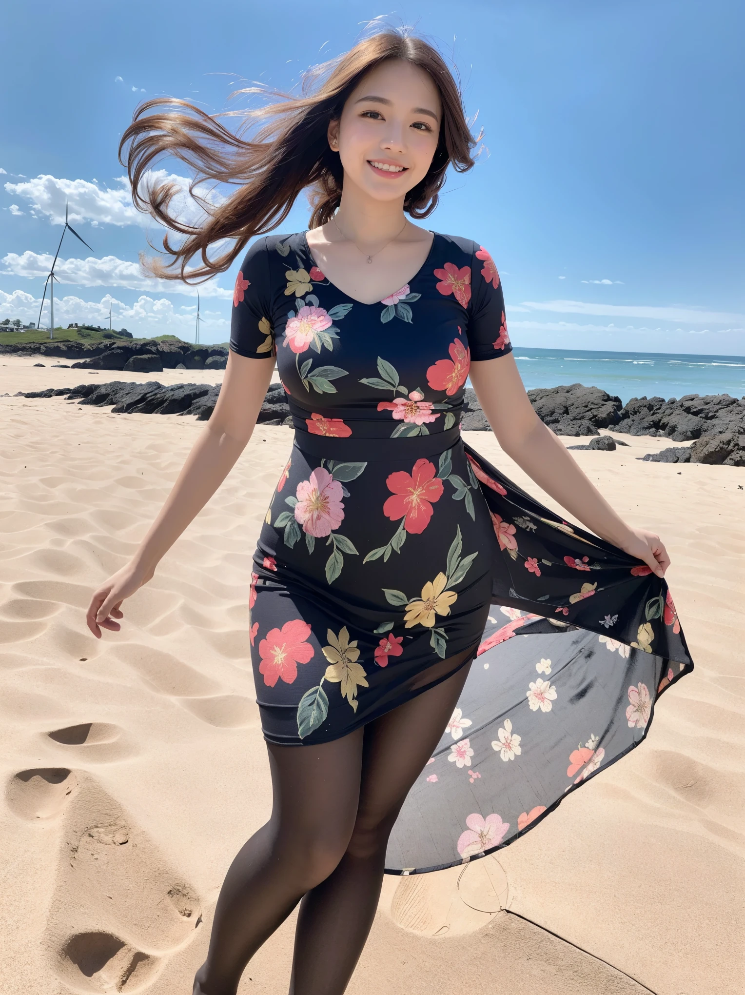 8k, highest quality, masterpiece, Realistic, Very detailed, photograph, High resolution, RAWphotograph, High resolution, Absurd, Cinematic Light, Official Art, High resolution, Written boundary depth,
Photograph the whole body,Plump body, cute顔, smile, Beautiful details in the eyes, 29-year-old,Japanese, cute, Brown messy hair,dress, Beach, (Wind:1.8), Floral print,Ultra-realistic pantyhose:1.4, (((That's a big jump)))