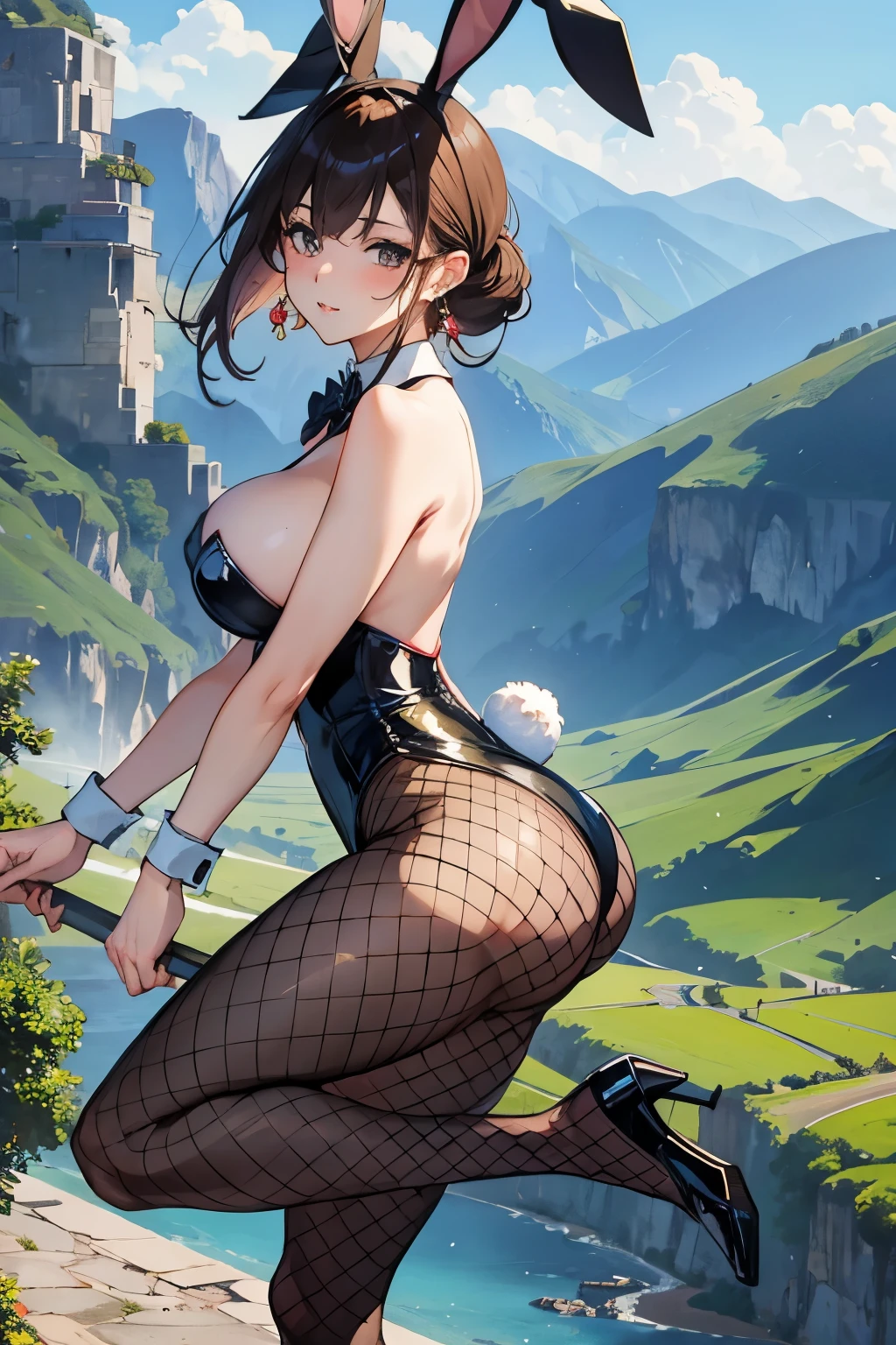 Bunny girl、Beautiful mature woman、Stand on one leg、Fishnet tights、Sexy、Landscape、Earrings