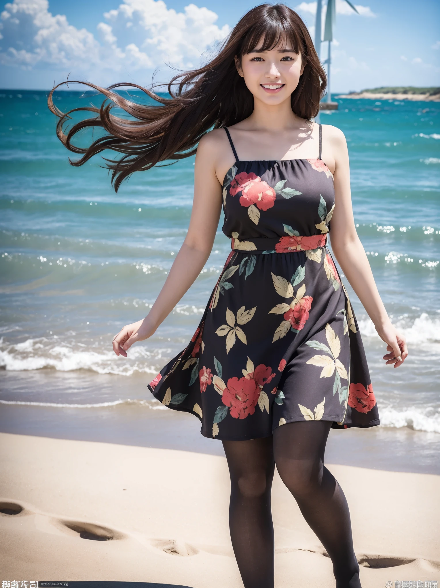 8k, highest quality, masterpiece, Realistic, Very detailed,  photograph, High resolution, RAWphotograph, High resolution, Absurd, Cinematic Light, Official Art, High resolution, Written boundary depth,
Photograph the whole body,Plump body, cute顔, smile, Beautiful details in the eyes, 29-year-old,Japanese, cute, Brown messy hair,dress, Beach, (Wind:1.8), Floral print,Ultra-realistic pantyhose:1.4, (((That&#39;s a big jump)))