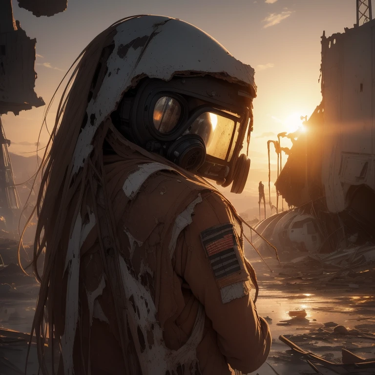 a half-turn view, against the background of a destroyed spaceship at sunset, cracks in full-length white, a stern tactical brunette in a leaky gas mask in a fractal color sketch with torn ink on the rough texture of warty rusty markings, highlighted hair, grotesque, horror, art opt, streaked rain diagonally