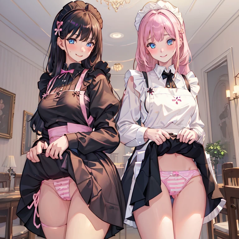 highest quality, masterpiece, ((2 girls:1.5)), ((smile:1.3)), (blush:1.3), Black Shirt, blouse, ((fun!!)), (Small breasts), Blonde, (Long sleeve), ((White apron:1.5)), ((Maid)), ((hair ornaments)), Kamimei, look at me, ((in house:1.5)), Taking a break from watching the audience, Cowboy Shot, (skirtlift:1.3), (Highly detailed pink striped panties:1.3), (Highly detailed panties:1.3), (skirt that rolls up:1.3), (Panties fully exposed:1.5), Light blue eyes, long hair, Glowing Eyes