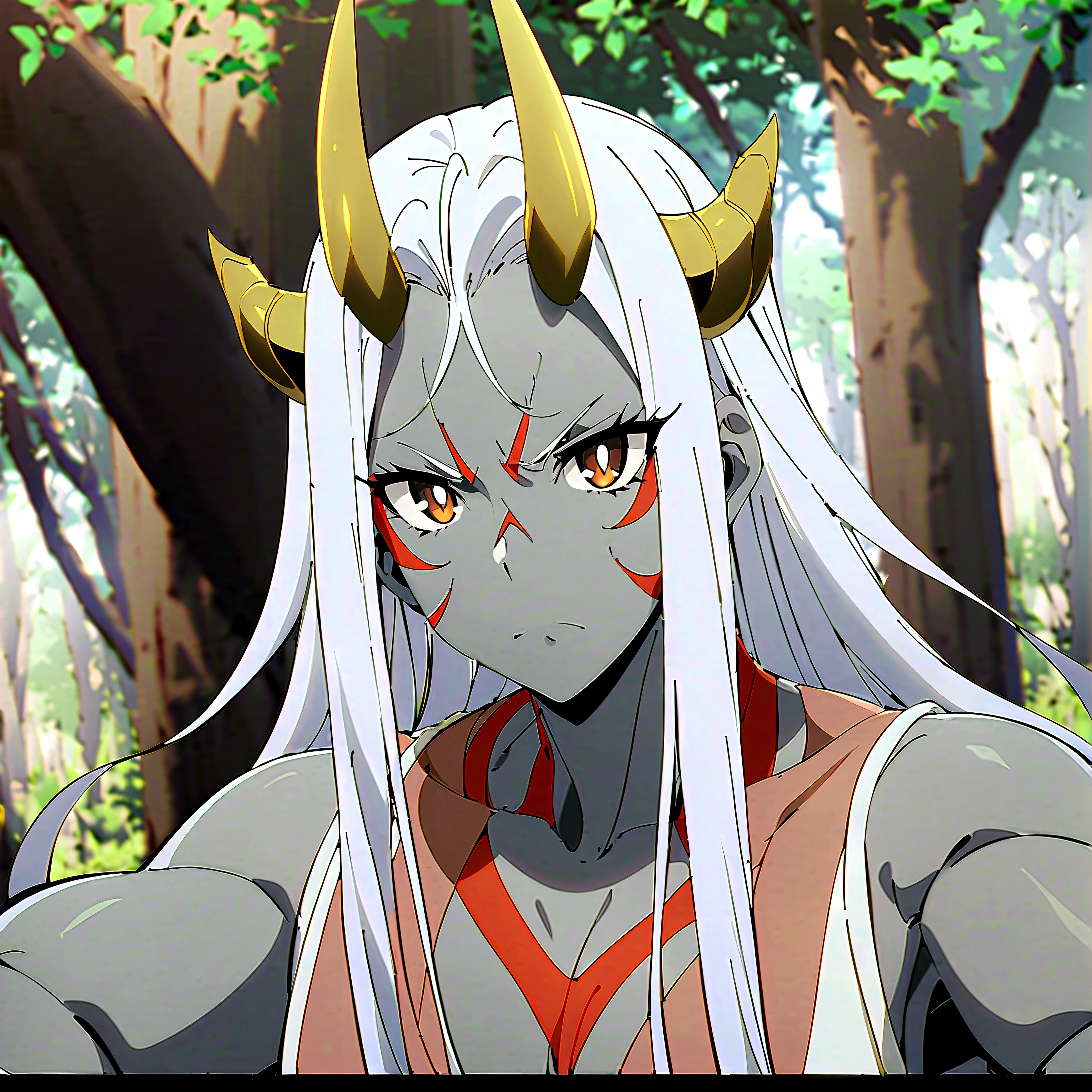  anime aestetic, anime character, grey skin, male, serioce face, mature face, ogre, red tatoos, agry eyes, golden horns, two horns, ogre, muscular body, dynamic pose, brown eyes, white long hair, blury forest on the background, daytime, perfect quality, pov, highres, best quality, award winning, 4K, high details, anatomically correct, masterpiece