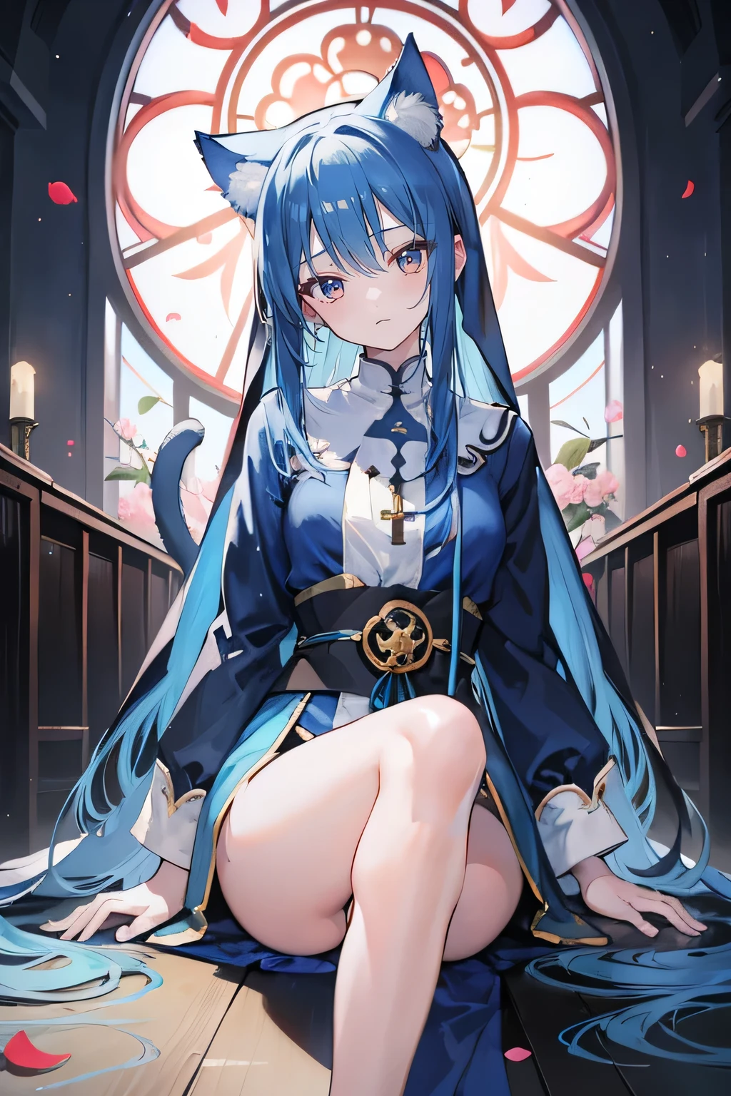 (masterpiece:1.2),Extremely detailed,Practical,expressive eyes,Fair skin,Perfect face shaping,1 Girl,
Japanese cartoons,Gorgeous blue hair, the long flowing blue hair,Floating clothes,Cat ears,Petals fall,beautiful lola,Young Angel,
Place your hands on your waist,sit elegantly on the ground,Cross your legs,Gentle and peaceful background,church,Nun&#39;s Clothes,back view,lie on the water,Large Breasts, H Cup, Good breasts, Place your hands on your waist,beautiful, Gorgeous,Japanese cartoons,girl,Lola,Hina Angel, Blue Hair, Blue Haired,Tent breasts, tent box, tent chest, Floating clothes,Grab your waist, Grab your waist, Hands on Hips , hands on hips,sit, sit on ground, Legs on the ground. 