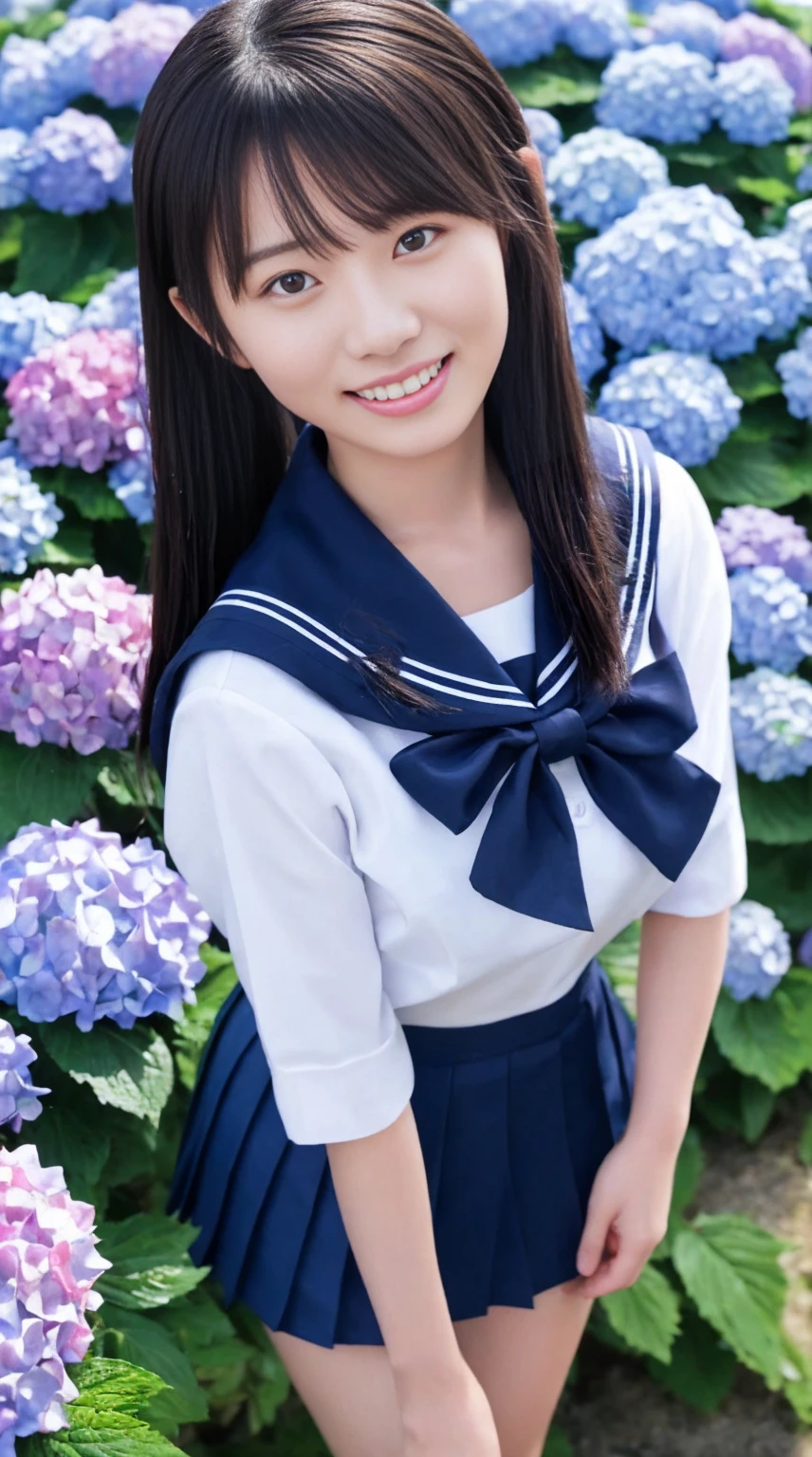 最high quality、high quality、Best image quality,Very small sailor suit:1.5、Tight sailor suit:1.5,The sailor uniform is wet and sticks to my chest:1.5,(Large Breasts),Summer clothes、pleated mini skirt、Twin tails、smile、Camera angles from bottom to top,最High resolution、High resolution、最high quality、masterpiece、RAW Photos、whole body写真、Detailed and realistic human body、Detailed and realistic skin、Realistic face in every detail、Detailed and realistic eyes、Detailed and realistic lips、Detailed and realistic teeth、Detailed and realistic ears、Detailed and realistic hair、Detailed and realistic weapons、Realistic reproduction of every detail、Realistic fingers in every detail、(Beautiful Hands、thumb１reference４)、Realistic feet down to the last detail、((Beautiful Japanese Woman))、(Japanese Model)、((21 year old beautiful woman))、(Black Hair)、(Straight hair)、((whole body))、(Slim and perfect figure)、(whole body光沢肌、Fair skin)、Detailed and realistic human body、Detailed and realistic skin、Realistic face in every detail、Detailed and realistic weapons、Realistic fingers in every detail、Detailed realistic feet、Soft natural light、Japanese garden、A 360-degree view of hydrangea fields、((Standing in the middle of a hydrangea field(A girl surrounded by hydrangeas 360 degrees))、Poses to make your thighs look beautiful