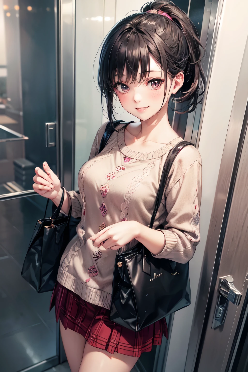 very cute and beautiful girl,(highly detailed beautiful face and eyes),
(smile:1.2),happy,embarrassed,looking up,looking at viewer,(argyle pattern sweater),cowboy shot,(white and pink plaid skirt),
standing in luxury elevator in hotel,night city view,holding tote bag,black hair,low ponytail,
(best quality,masterpiece),absurdres,highres,ultra-detailed,extremely detailed,32k,8k resolution,
intricate details,cinematic scene,detailed background,solo,dynamic angle,realistic,