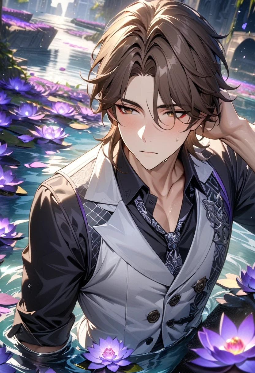 (absurdres, highres, ultra detailed, HDR), masterpiece, best quality, Gallagher, brown hair, without bangs, expressive brown eyes, finely eye and detailed face, honkai star rail, solo, sexy man, handsome, white vest, black shirt, lose necktie, patterns, water, purple lotus, petals, purple butterflies