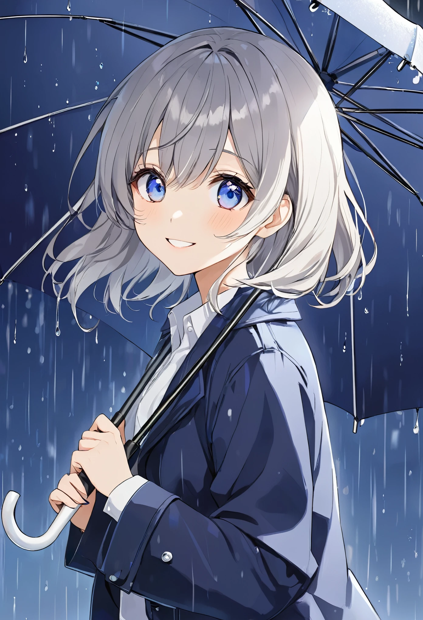 One girl、Anime Style、Blue-grey eyes and hair、Big Eyes、Eye highlights、Medium Hair、 White shirt、Navy blue jacket、Beautiful nude rain background、smile、Highest quality、Masterpiece、I have an umbrella