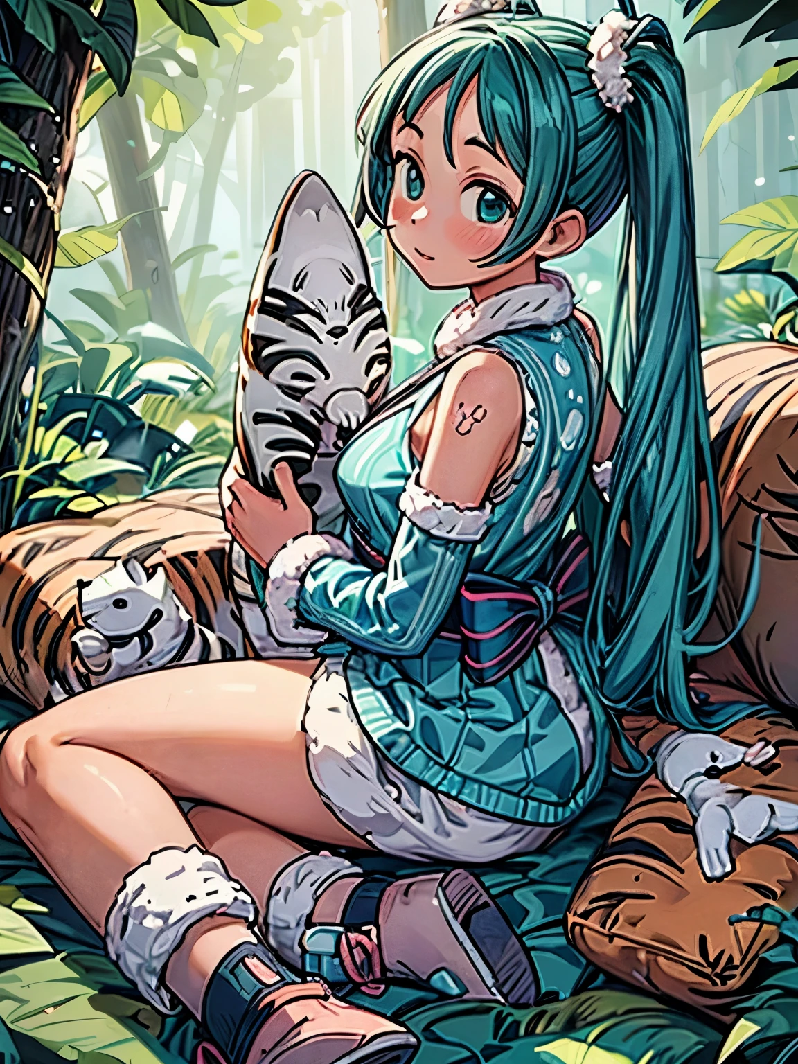 (masterpiece、highest quality、highest quality、Official Art、Beautiful and beautiful:1.2)、(One girl:1.3)Hatsune Miku、Twin tails,Big Breasts,Powerful Girl, Put on the tiger gloves, Animal Skin Quilt, fur suede ankle boots, wild, Triassic Mists, 8K ultra-detailed.