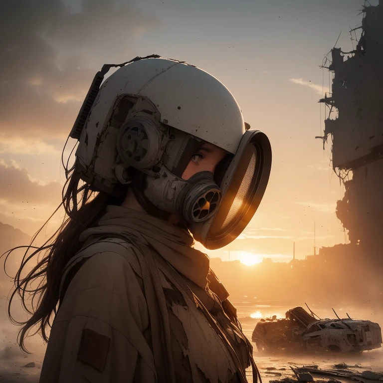 a half-turn view, against the background of a destroyed spaceship at sunset, cracks in full-length white, a stern tactical brunette in a leaky gas mask in a fractal color sketch with torn ink on the rough texture of warty rusty markings, highlighted hair, grotesque, horror, art opt, streaked rain diagonally