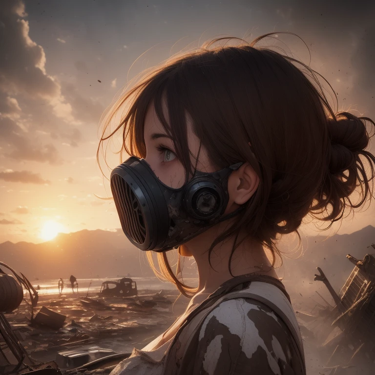 a half-turn view, against the background of a destroyed spaceship at sunset, cracks in full-length white, a stern tactical brunette in a leaky gas mask in a fractal color sketch with torn ink on the rough texture of warty rusty markings, highlighted hair, grotesque, horror, art opt, streaked rain diagonally