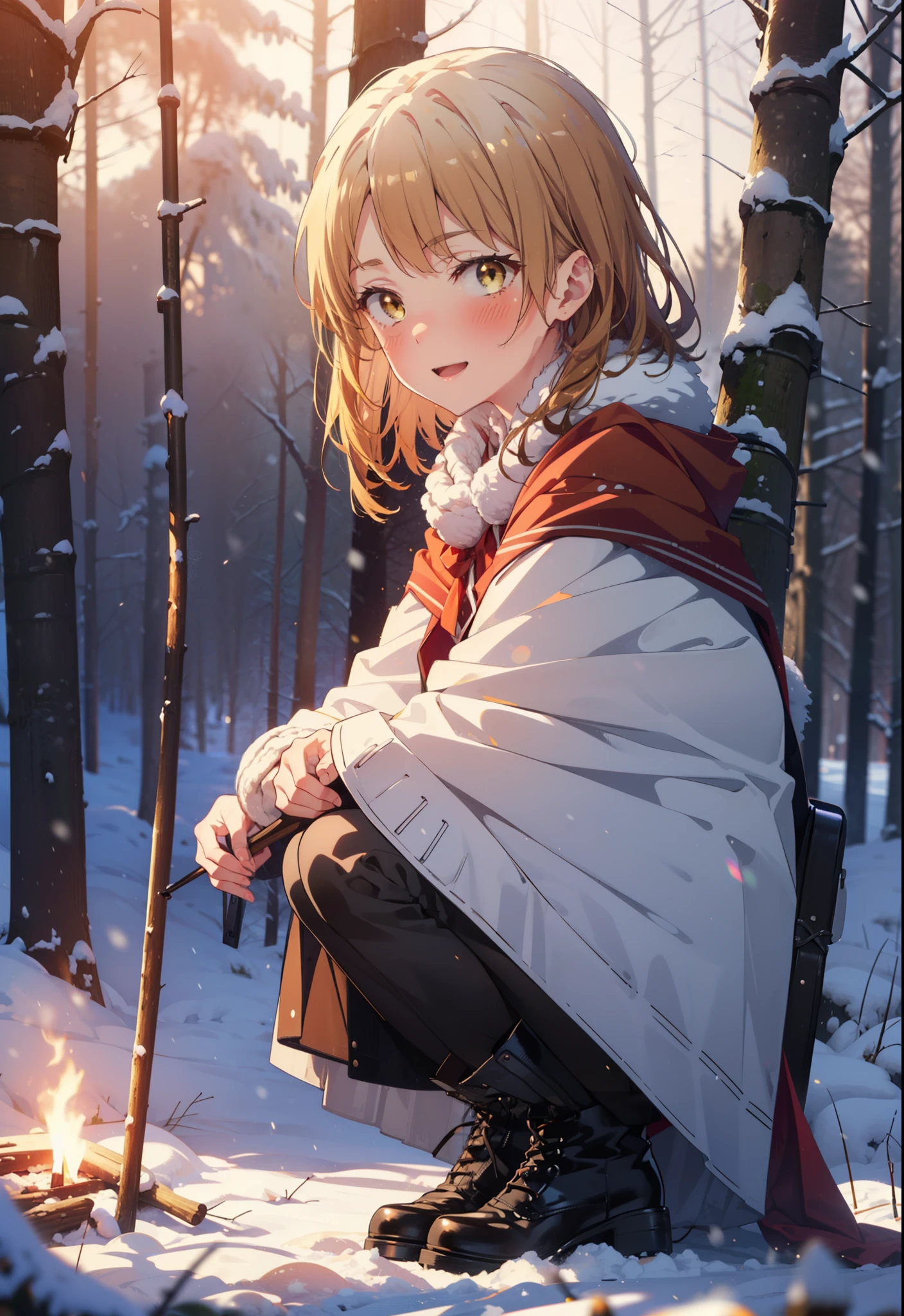 irohaisshiki, iroha isshiki, Long Hair, Brown Hair, (Brown eyes:1.5),smile,blush,White Breath,
Open your mouth,snow,Ground bonfire, Outdoor, boots, snowing, From the side, wood, suitcase, Cape, Blurred, forest, White handbag, nature,  Squat, Mouth closed, フードed Cape, winter, Written boundary depth, Black shoes, red Cape break looking at viewer, Upper Body, whole body, break Outdoor, forest, nature, break (masterpiece:1.2), highest quality, High resolution, unity 8k wallpaper, (shape:0.8), (Beautiful and beautiful eyes:1.6), Highly detailed face, Perfect lighting, Highly detailed CG, (Perfect hands, Perfect Anatomy),