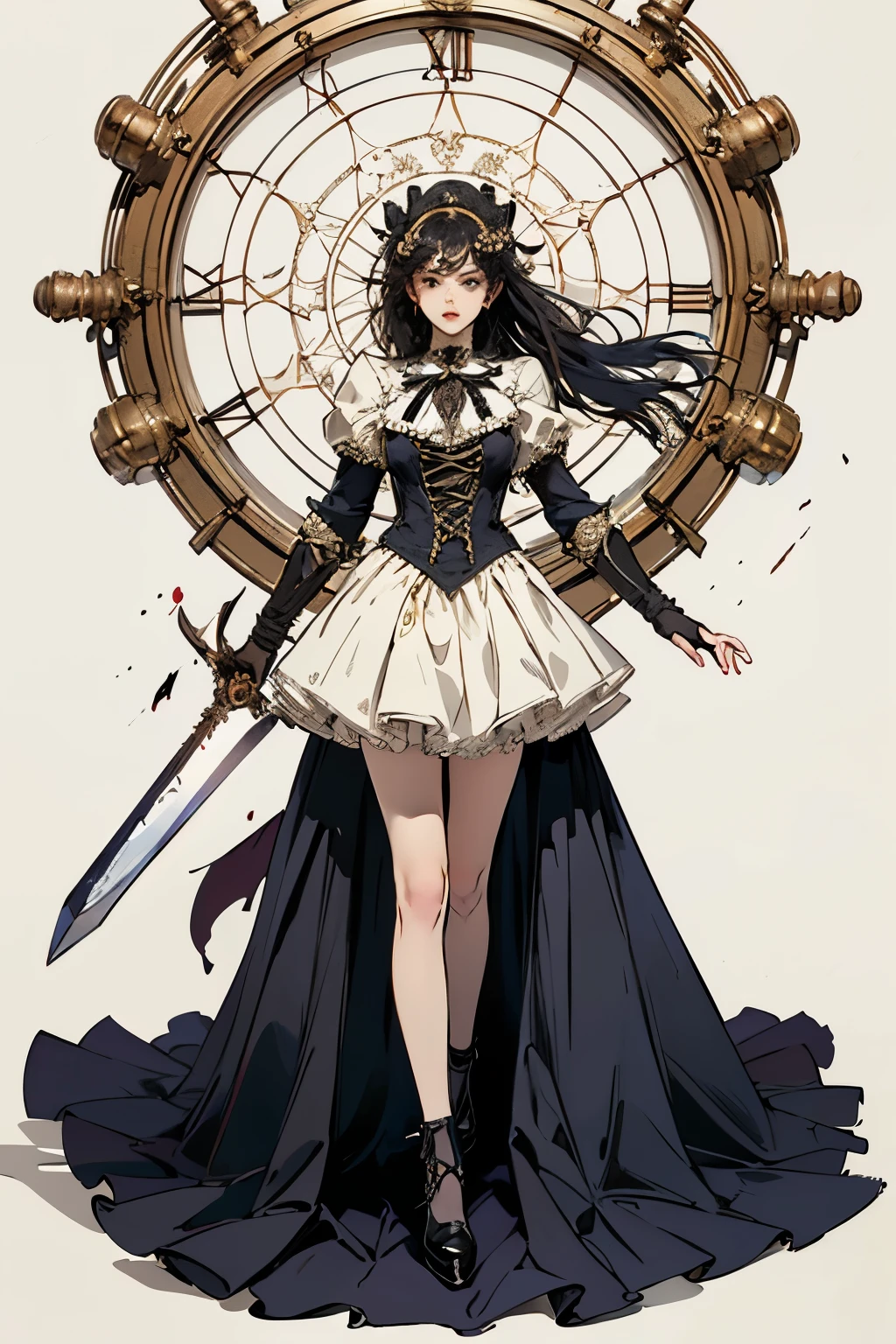 ((best quality)), ((masterpiece)), (detailed), perfect face ((best quality)), ((masterpiece)), (detailed), blank white background, plain background, white background, Bloodborne inspired, occult aesthetic, occult, detailed and intricate steampunk and detailed gothic, (zentangle, mandala, tangle, entangle), NSFW, torn clothing, Very dramatic and cinematic lighting, cosmic horror, grim-dark, side-lighting, perfect face, a beautiful goddess adorned and enshrined in armour, Bloodborne inspired , occult aesthetic , occult , detailed and intricate steampunk and detailed gothic , wielding a sword and holding a shield, NSFW, Fluttering lace flared short dress with frilly petticoats, knee length dress, pleated petticoats, lolita dress, petticoats gothic lolita, side-lighting, gothic lolita aesthetic, beautiful small breasts, small breasts, full body, whole body, body, plain background, white background, blank background, no background, white background NSFW, full body, whole body, head-to-toe