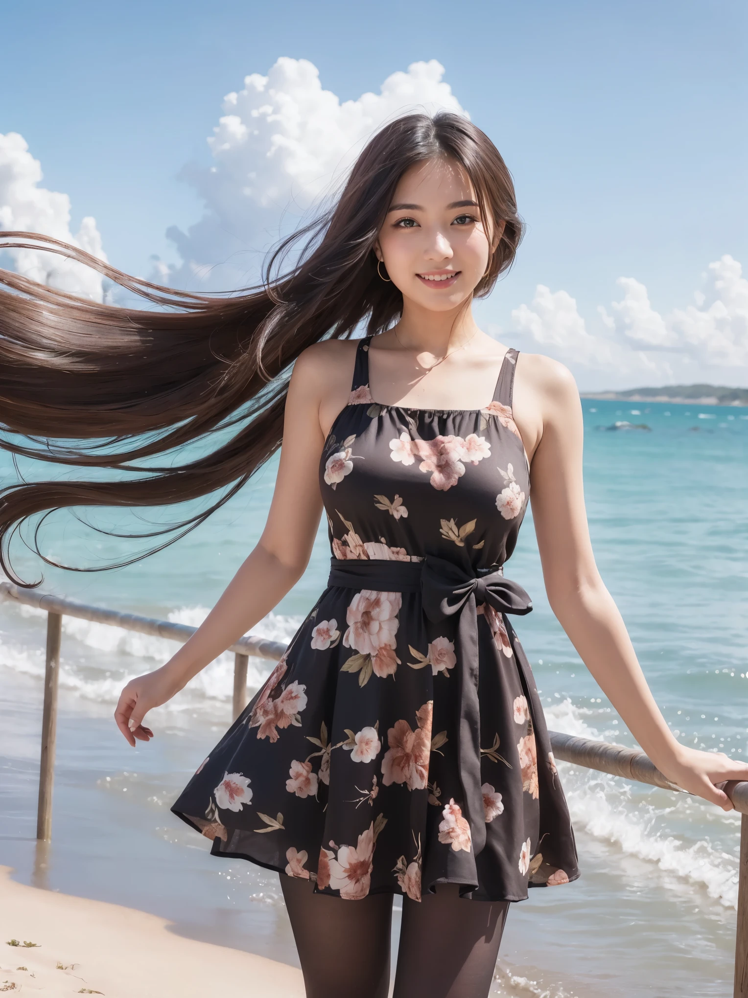 (((masterpiece))), (((highest quality: 1.4))), ((Very detailed: 1.4)) , ((Genuine:1.4)),  (Solo 1 Female), photograph, High resolution, RAWphotograph, High resolution, Absurd, Cinematic Light, Official Art, High resolution, Written boundary depth,
Photograph the whole body,Plump body, cute顔, smile, Beautiful details in the eyes, 29-year-old,Japanese, cute, Brown messy hair,dress, Beach, (Wind:1.8), Floral print,Ultra-realistic pantyhose:1.4, (((That&#39;s a big jump)))