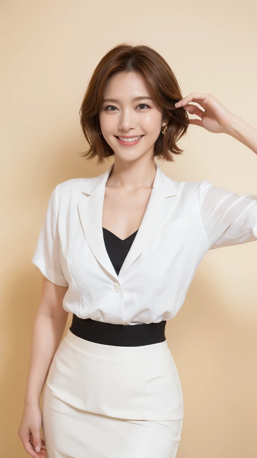 masterpiece,highest quality, (One mature woman、Age 34), ((close:0.5)), ((Cross Arm)), Glare, (White Blazer), White shirt, double eyelid, eyelash, Lip gloss, (smile:1), ((close your eyes:0.85)), ((Looking at the audience、Whole body image、Are standing)), to be born, ((no one)), (office)、((White knee-length pencil skirt:1.5))、Written boundary depth、尖ったRed Mouth、(Reddish brown wet shiny short hair,,,,,,,,,),Red Mouth,clavicle、Full body portrait、Standard body shape、D cup breasts、(smile:1.5), (Photorealistic:1.3),(RAW Photos.)