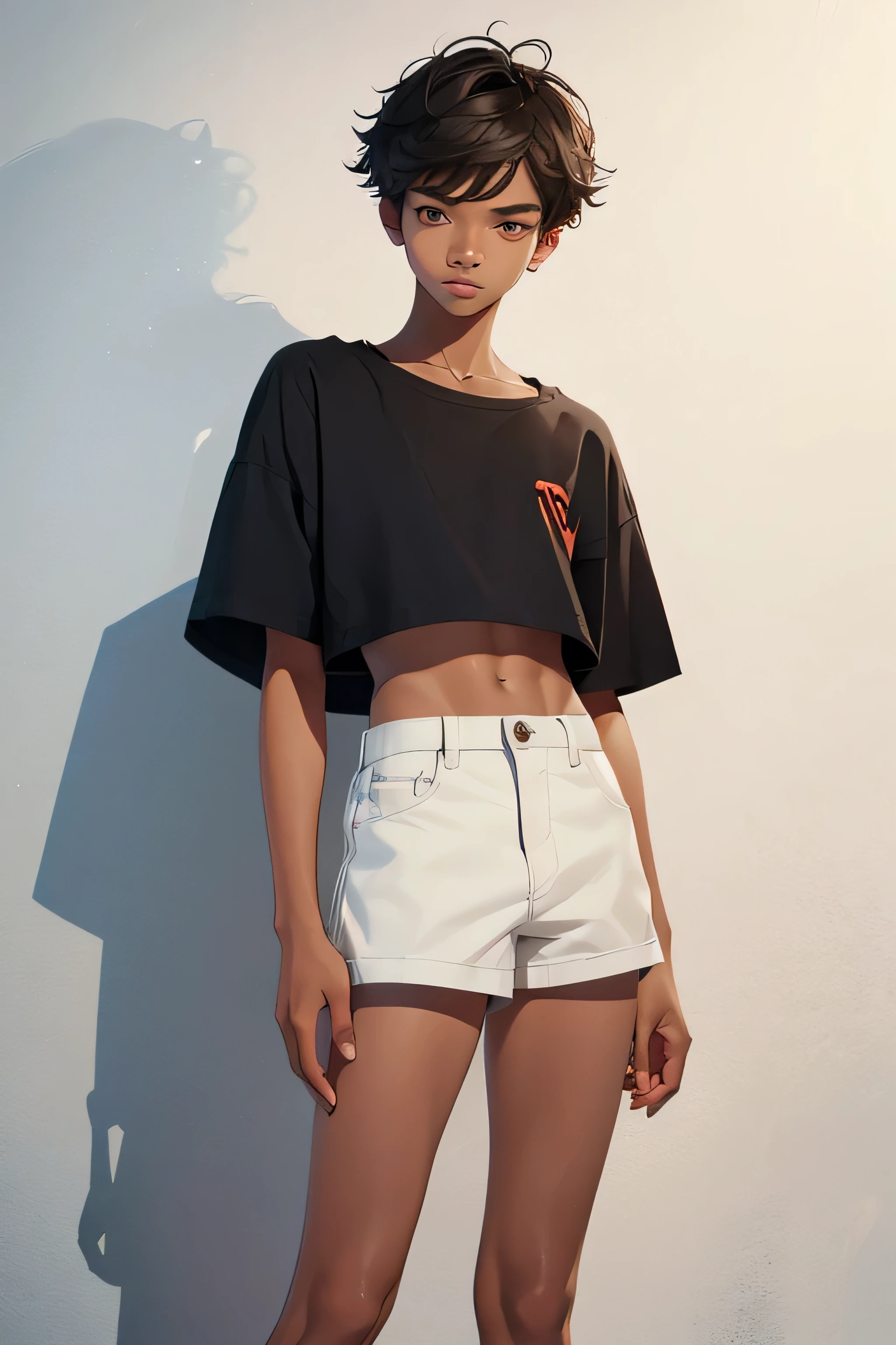 Teenage boy-model 16 years old, the boy is wearing a cropped shirt and too very much short mini shorts, the boy's legs are long and beautiful, his legs are very tanned, hot summer, top quality