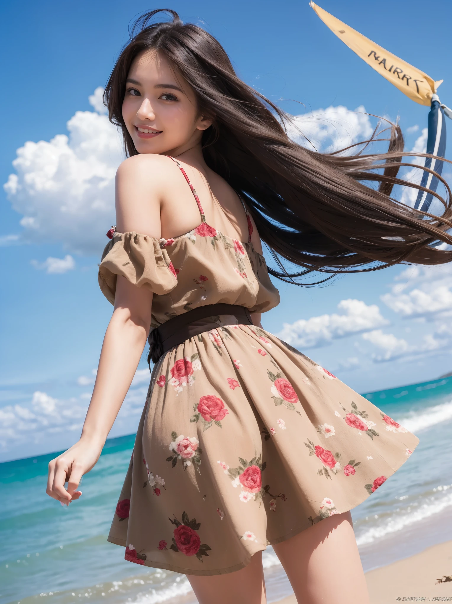 (((masterpiece))), (((highest quality: 1.4))), ((Very detailed: 1.4)) , ((Genuine:1.4)), (Solo 1 Female), photograph, High resolution, RAWphotograph, High resolution, Absurd, Cinematic Light, Official Art, High resolution, Written boundary depth,
Photograph the whole body,Plump body, cute顔, smile, Beautiful details in the eyes, 29-year-old,Japanese, cute, Brown messy hair,dress, Beach, (Wind:1.8), Floral print,Ultra-realistic pantyhose:1.4, (((That's a big jump)))