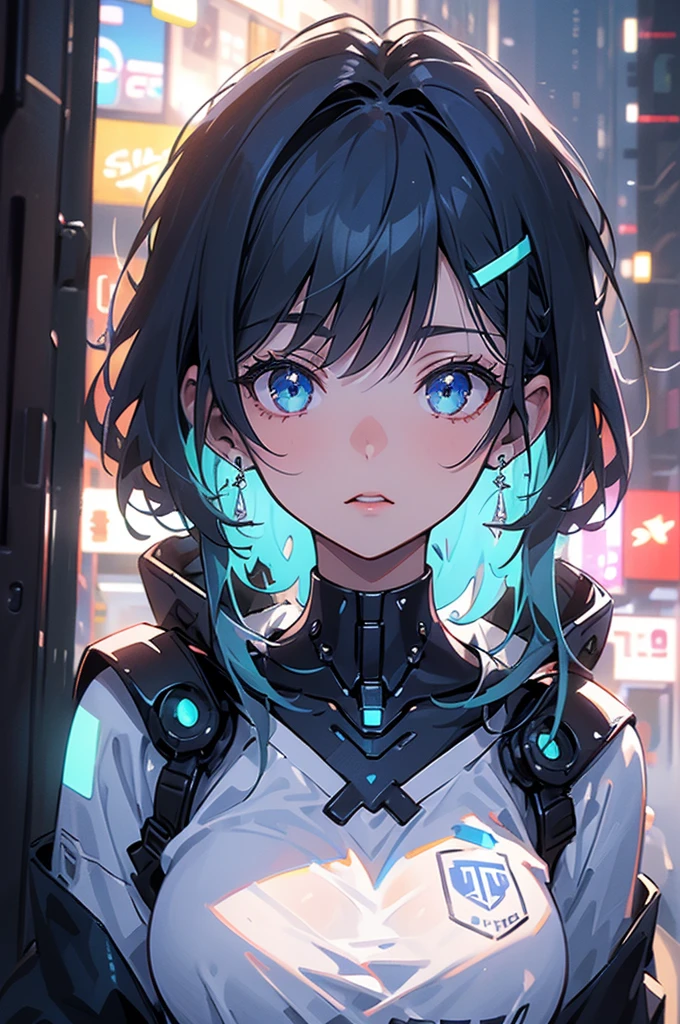 (masterpiece), (highest quality), Ultra-high resolution, Sharp focus, ((1 female, alone)), whole body, Cyberpunk Theme, Beautiful detailed hair, Light blue hair, long hair hangs down, Beautifully detailed face, ((Beautifully shaped eyes, Blue Eyes)), Perfect feminine face, View your viewers, Feminine navy blue enamel cyberpunk outfit,refined armor, Neon lights in the city of bright colors, (At night:1.2)